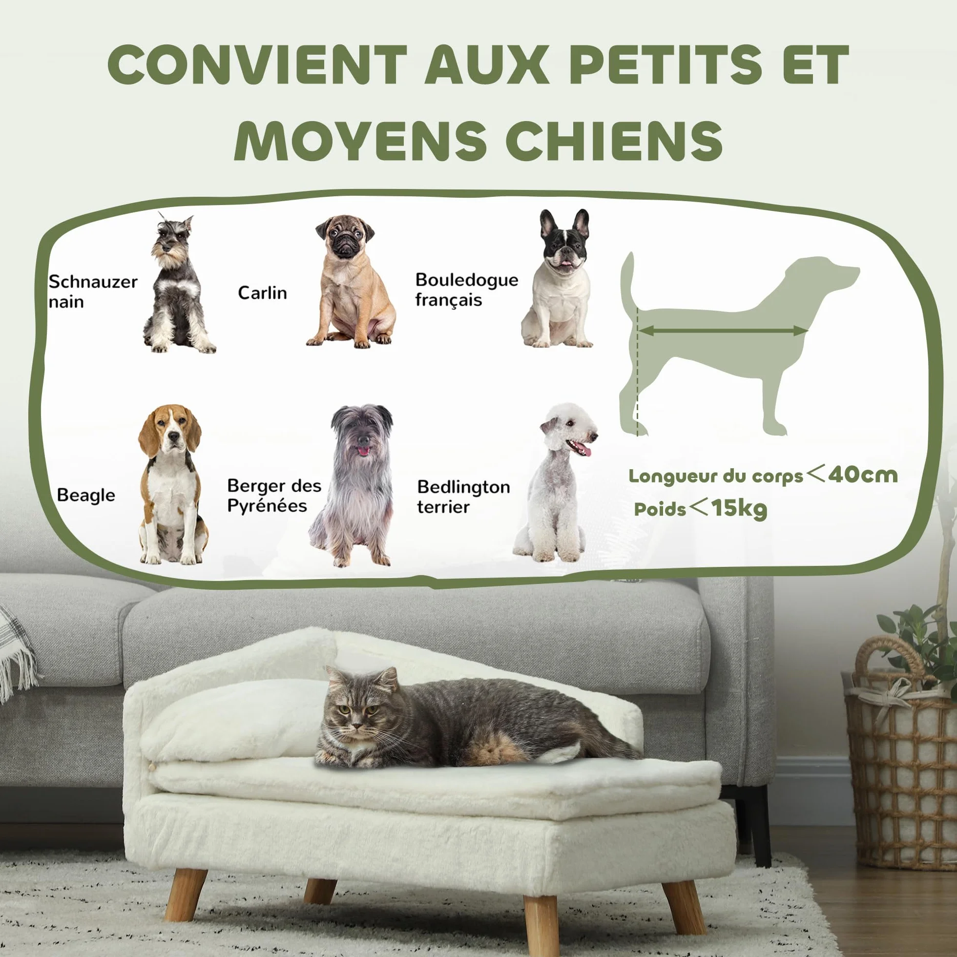 PawHut Canapé pour Chien Lit pour Chien Chat avec Coussin Moelleux Oreiller Housses Amovibles Lavables Peluche 70 x 42,5 x 38,5 cm Crème