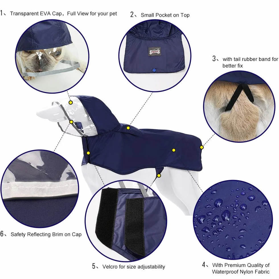 Veste de Pluie pour Chien, Manteau Imperméable avec Capuche, Réglable pour Chiens de Petite, Moyenne et Grande Taille (XXXL: Neck 68-72cm, Chest 80-92cm, Blue)