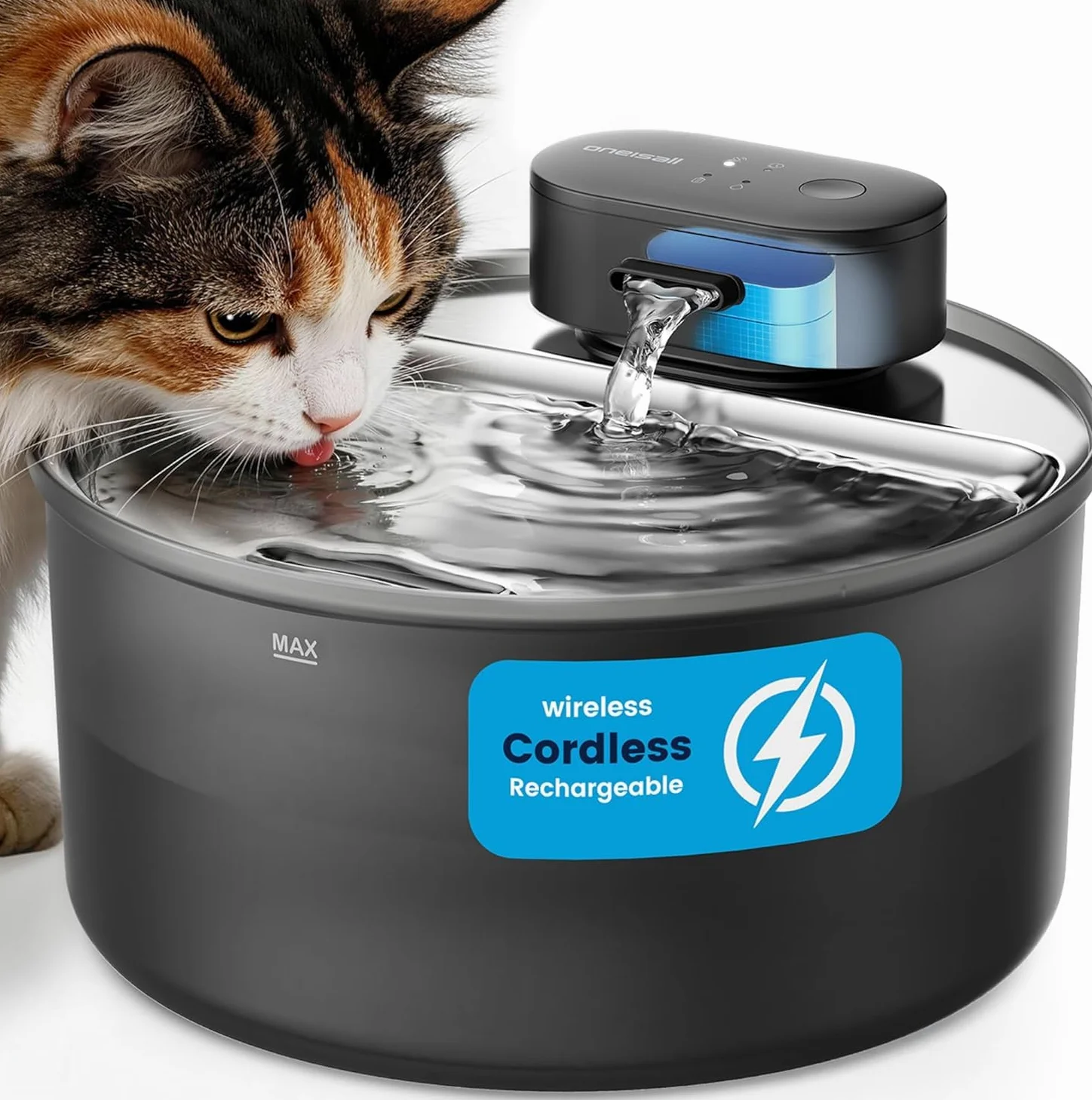 oneisall Fontaine à Eau sans Fil pour Chat 3,2 L, Bac en Acier Inoxydable | Pompe Intégrée SilentFlow™ 20 dB, Batterie 4000 mAh, autonomie 45j, recharge USB-C, 3 Modes d'Eau, ABS/PP certifié ISCC