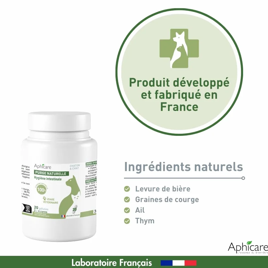 Complément Alimentaire levure de bière 3 extraits végétaux 20 gélules Hygiène intestinale Chat Chaton Fabriqué France