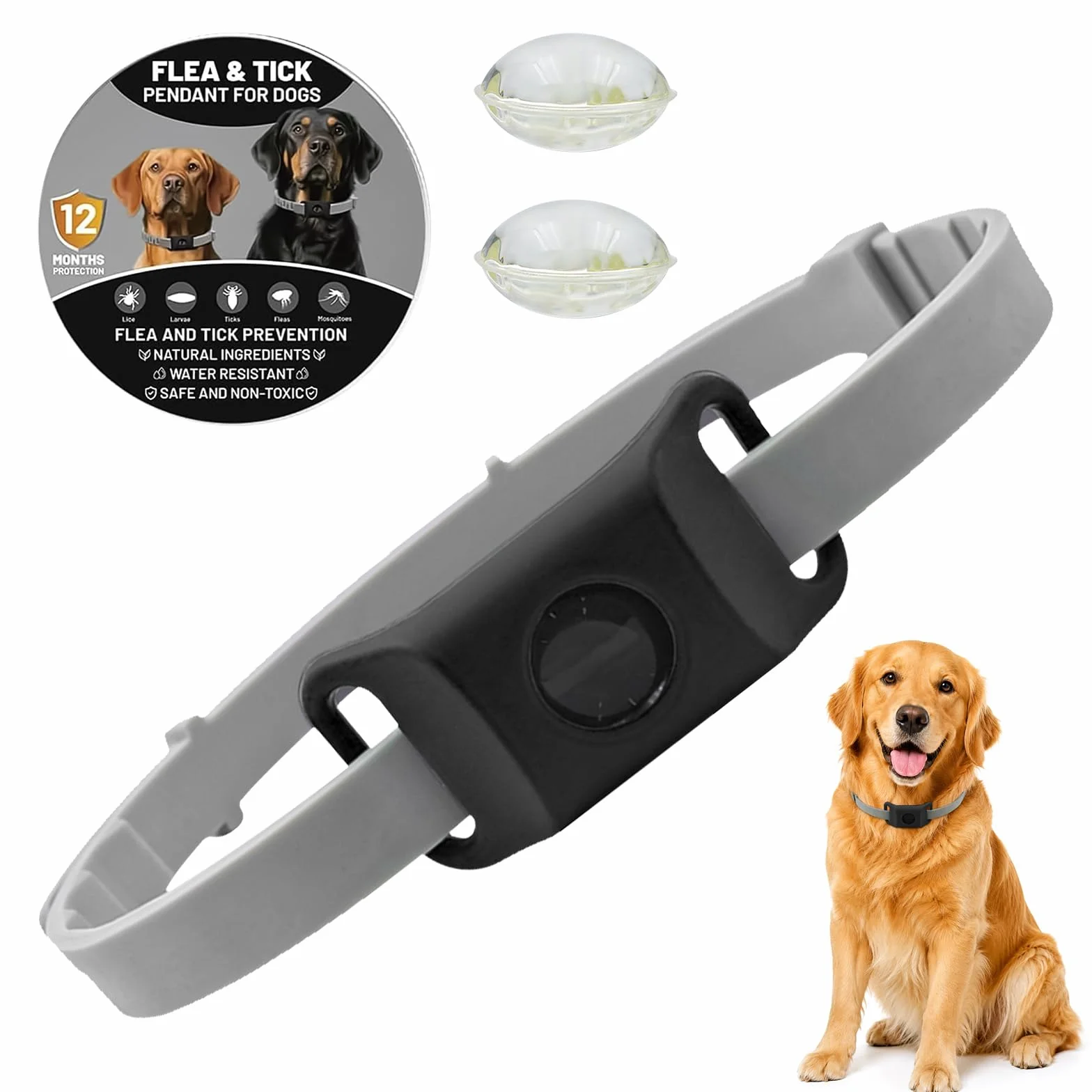 Collier Anti Puce et Tique Naturel pour Chien ZVD Pets, Répulsif Huiles Essentielles avec 2 Capsules Remplaçables, Compatible AirTag (Noir)