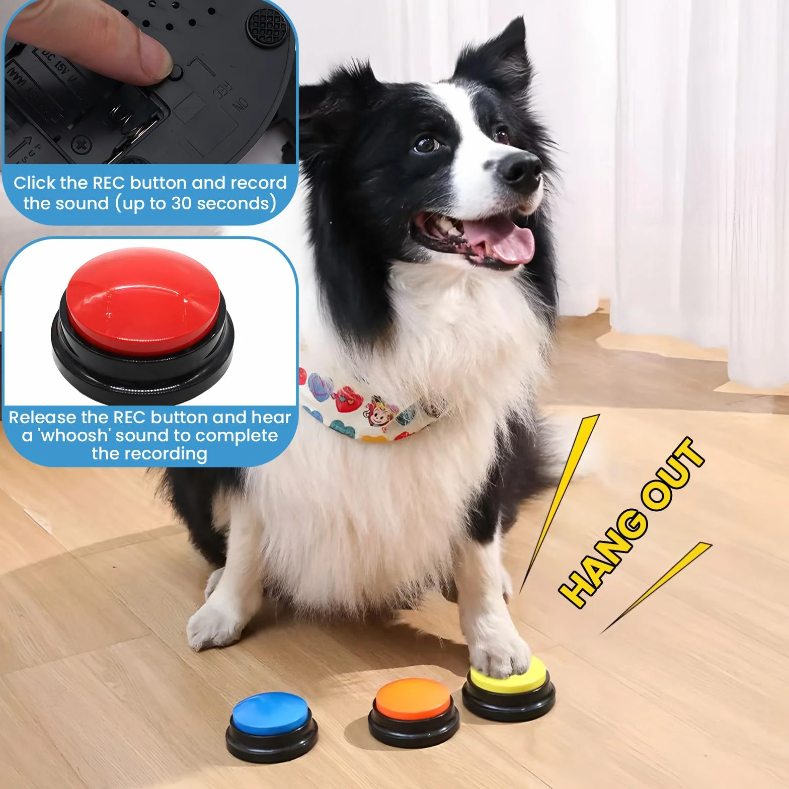 Mein HERZ Lot de 6 Buzzer Enregistrable, Bouton de Communication pour Chien Boutons pour Chien Buzzers pour Formation Chien Chat Jeux Maison,Enregistrement et Lecture de 30 Secondes