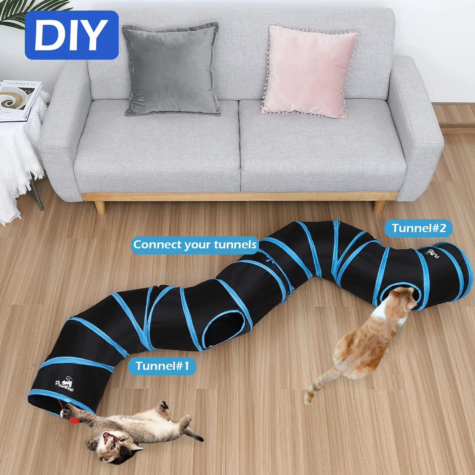 Pawaboo Tunnel Pliable en Forme de S, Jouet Interactif Tube avec Pompon et Cloches pour Chat Chiot Lapin - Noir