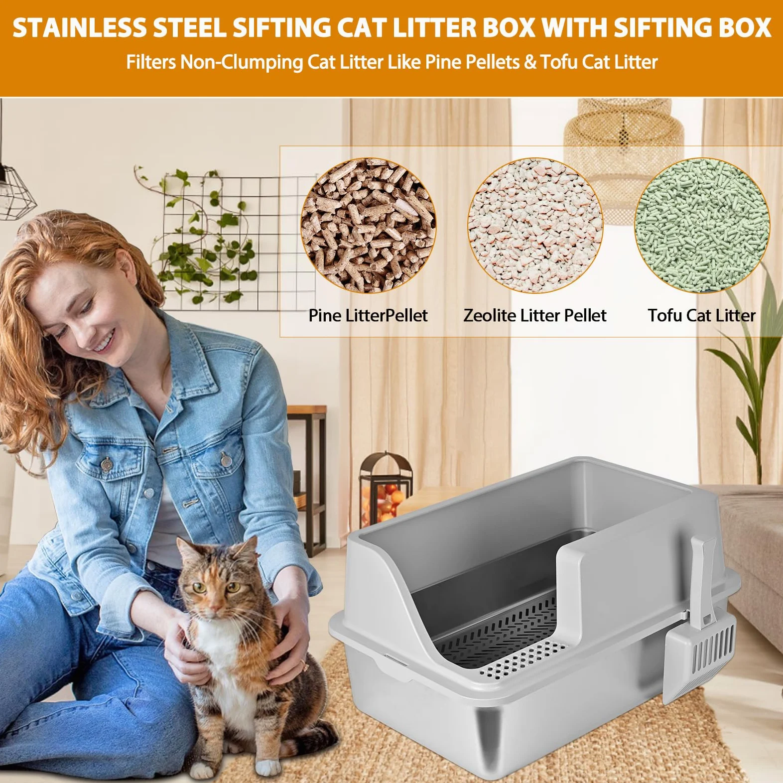 Homegroove Litière pour chat en acier inoxydable pour granulés de pin - 60 x 40 x 15 cm - Bord haut - Litière en métal avec couvercle - Pelle en plastique et 10 tampons d'urine (15,2 cm)