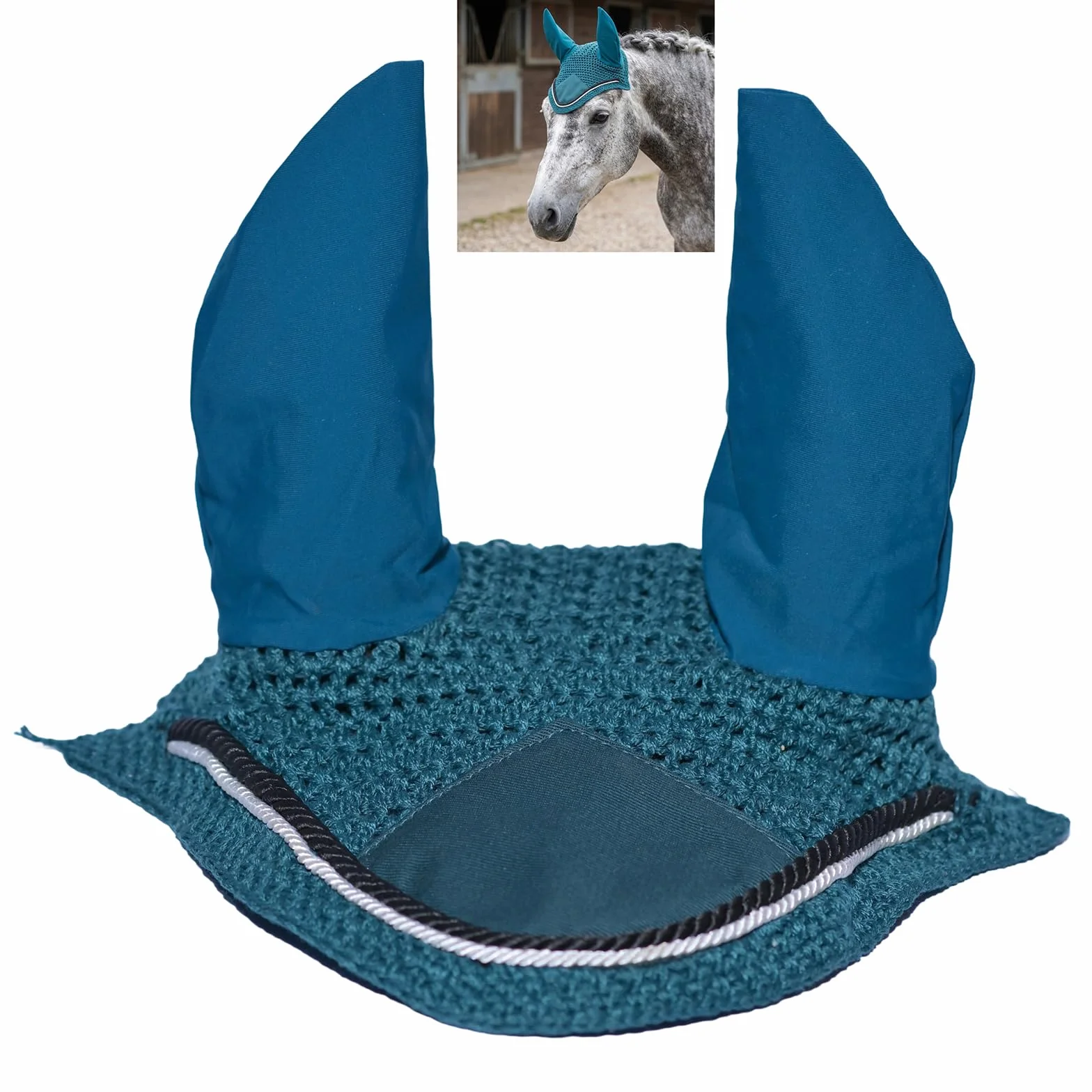 Spire Voile de protection pour cheval en coton respirant doux au crochet pour les oreilles (complet, vert foncé/noir-blanc)