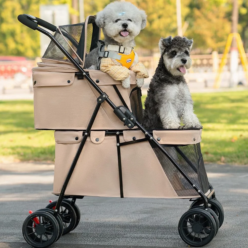 Poussette pour Chien Double Couche Pliable 50x67x95 cm avec Freins et Ventilation Marron