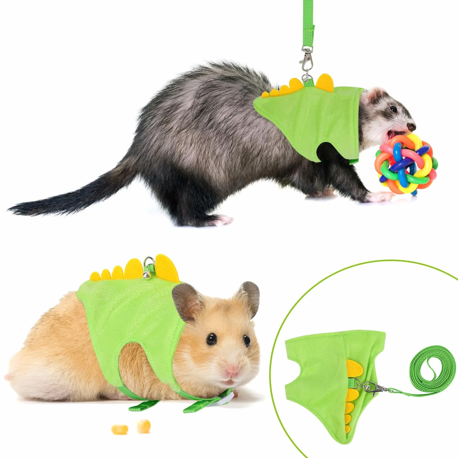 Ensemble Harnais et Laisse pour Furet, Gilet en Forme de Dinosaure Petits Animaux Accessoires de Promenade en Plein Air pour Furet Lapin Hamster Chaton Chiot Petits Animaux