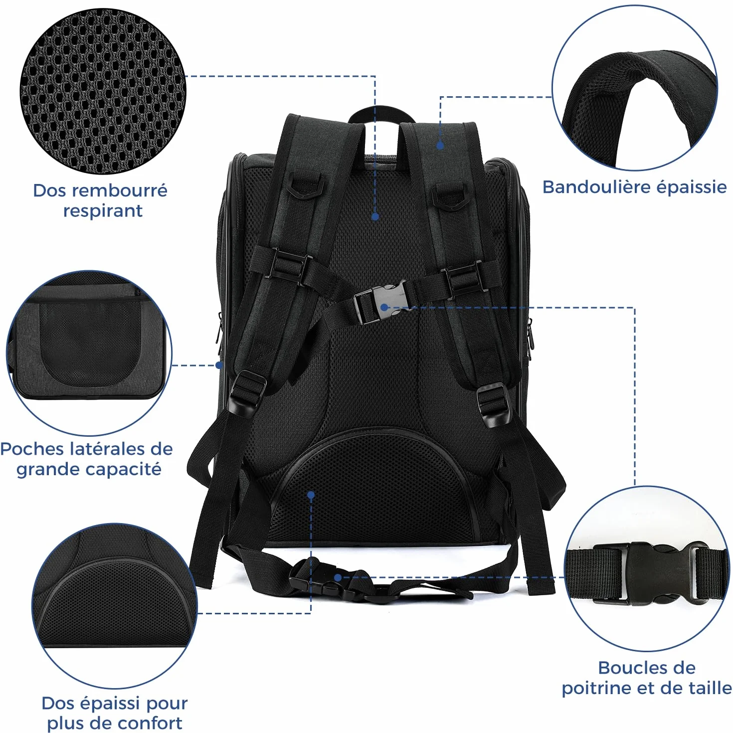 Apollo Walker Sac Transport Chat Chien pour Petits 5-12 kg 32L*30B*42H Sac à Dos en Maille Respirante pour Animaux de Compagnie Noir
