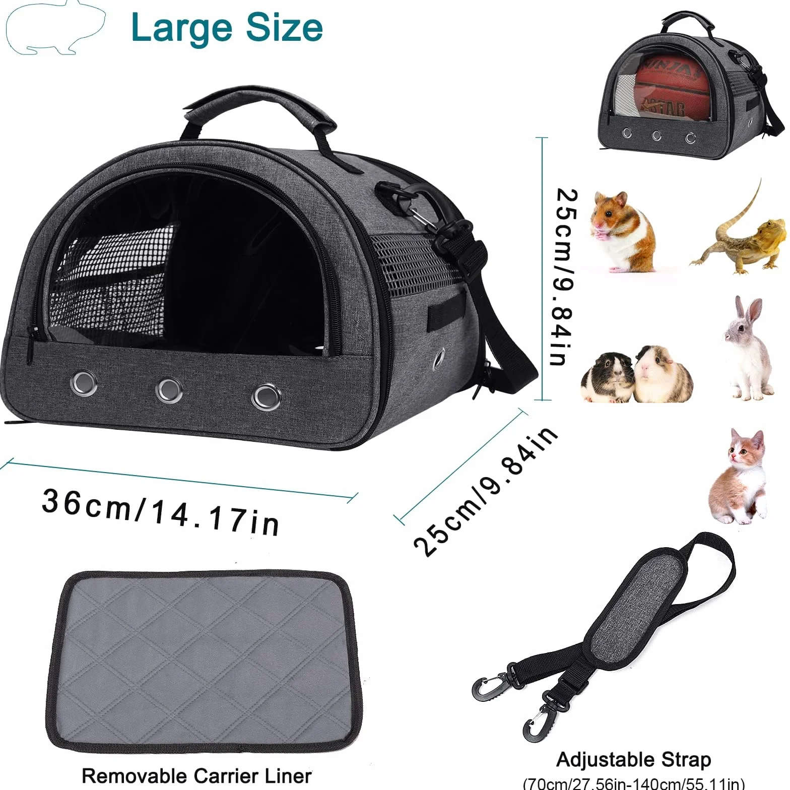 Sac de transport petit animal cochon d'Inde double porte avec trou bouteille eau doublure amovible gris