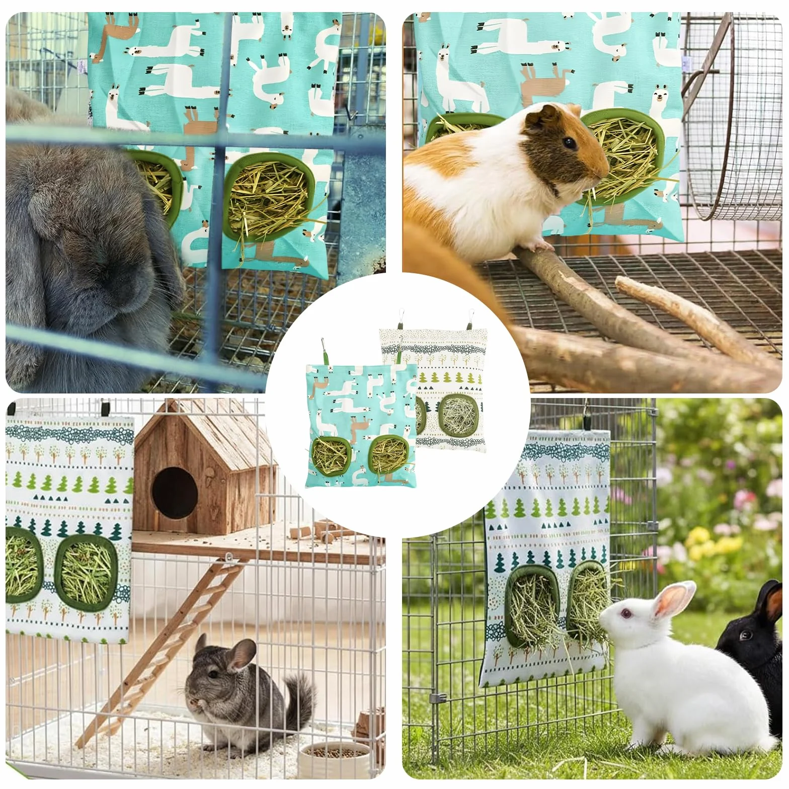 Sac à Foin pour Lapin, Distributeur de Foin Suspendu avec 2 Fenêtres, Accessoire pour Petits Animaux Chinchilla Cochon d'Inde