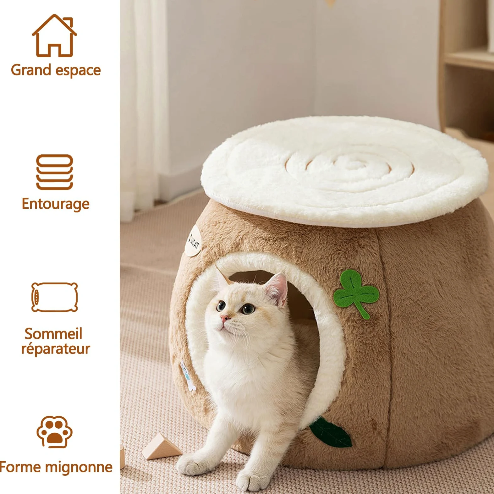 Galatée Niche pour Chat, Lit en Peluche Ultra Doux avec Dessous Antidérapant, Niche pour Chien Au Design Mignon Et Dessin Animé, Nid Spacieux, Tipi pour Chat Chaud Et Confortable(L, Marron)