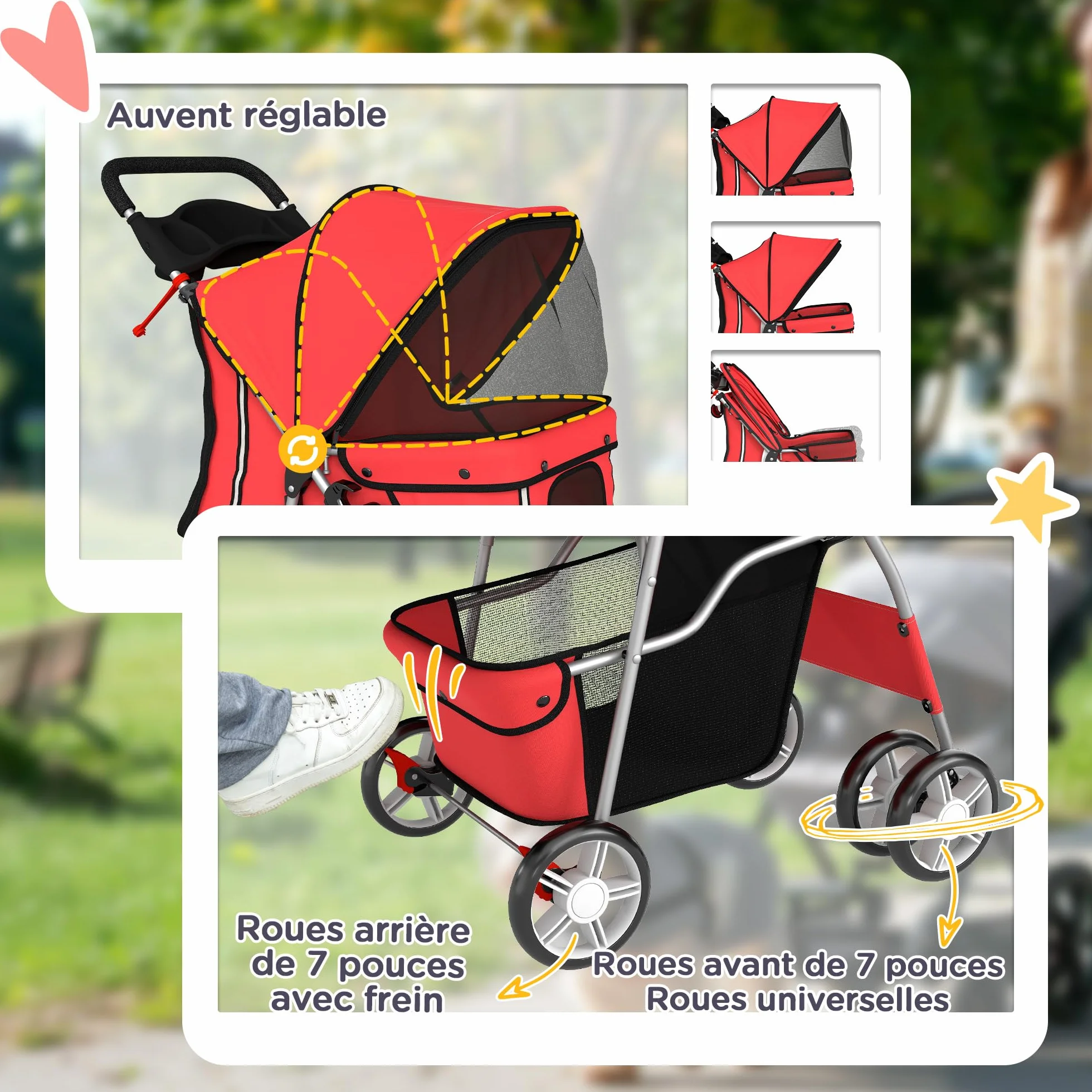 Poussette Buggy Pliable Animaux pour Chien et Chat, Imperméable avec Toit Amovible, 600D Oxford, Acier, Rouge