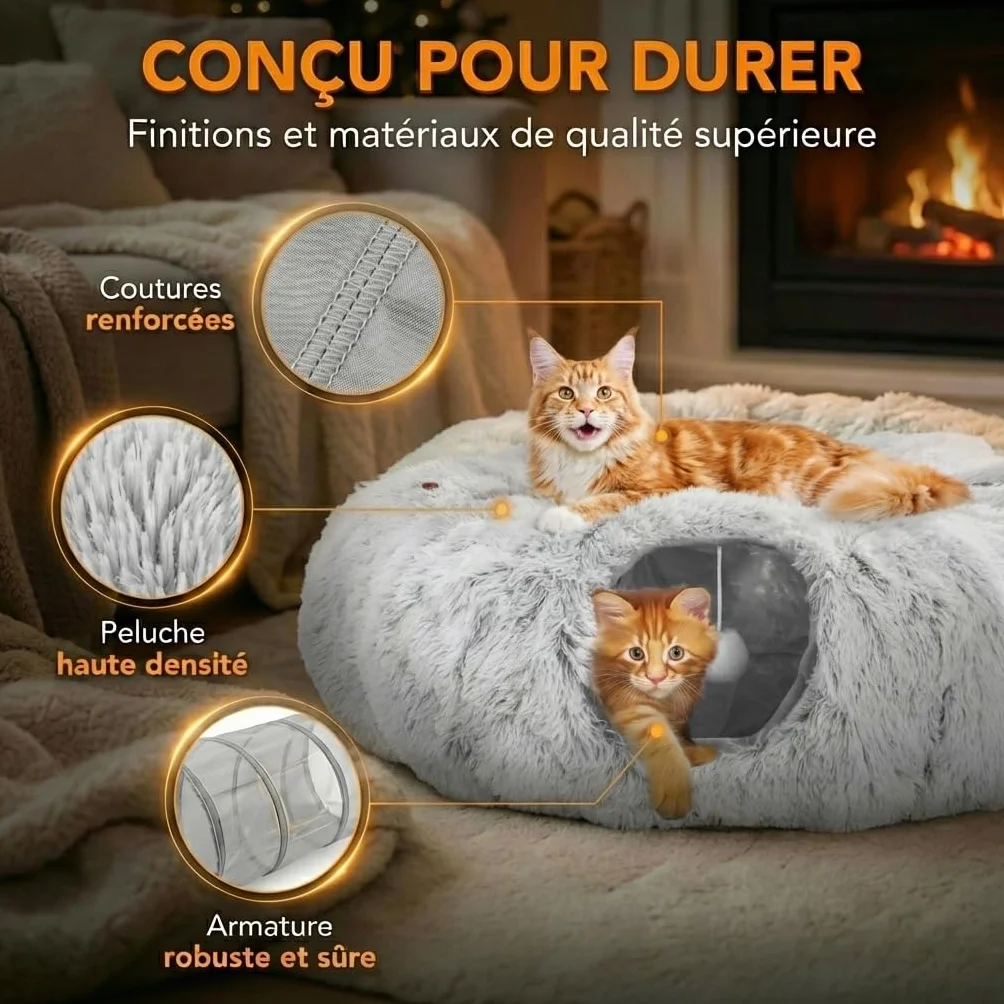 One PETS-TOP Tunnel Chat Rond XXL en Peluche Douce – Lit Tunnel Cachette Confort – Cabane Intérieure pour Chat – Cat Tunnel (Gris Perle)