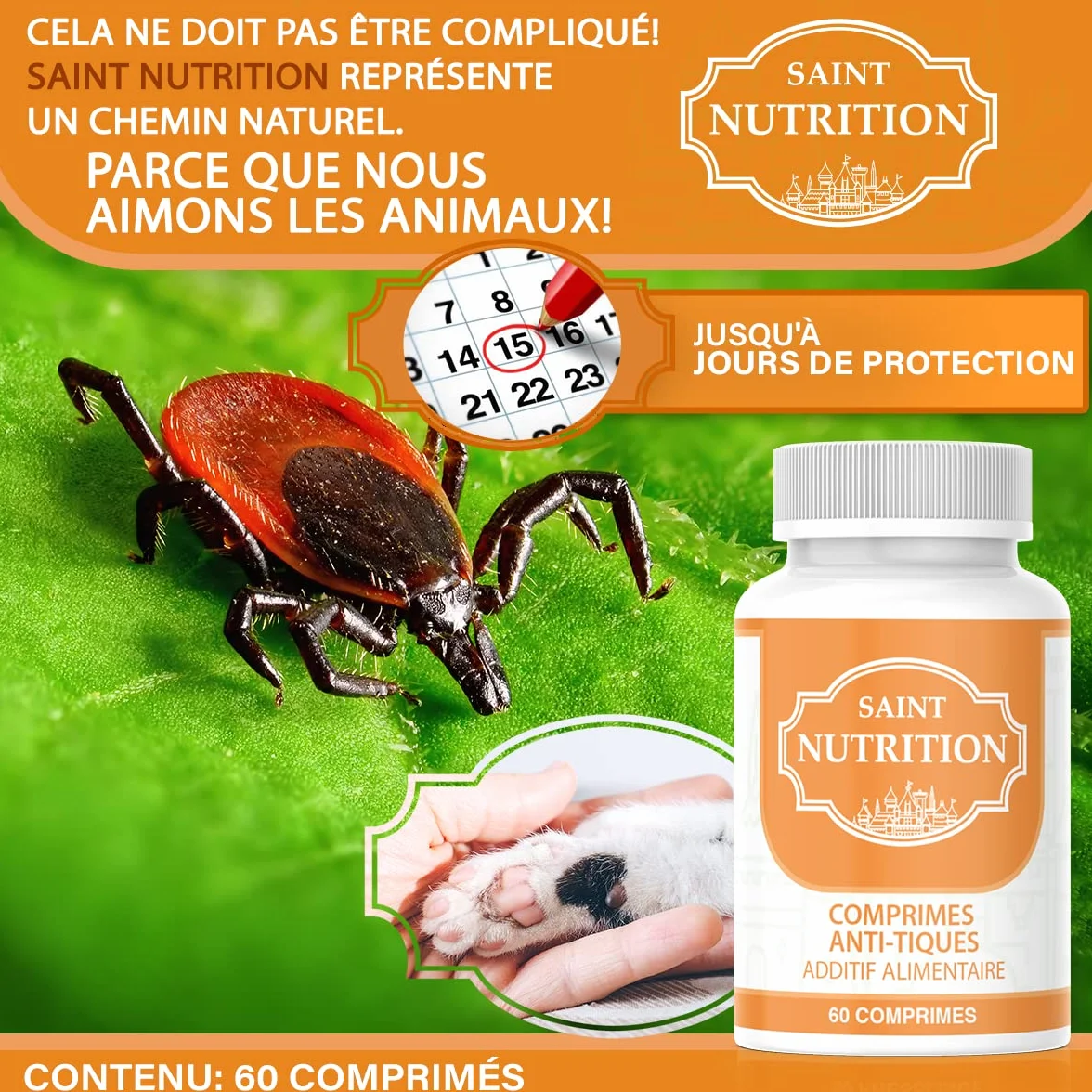 Saint Nutrition Anti-Tique Comprimés pour Chien et Chat - Traitement Naturelle Contre Tiques, Effet Immédiat, 60 Comprimés