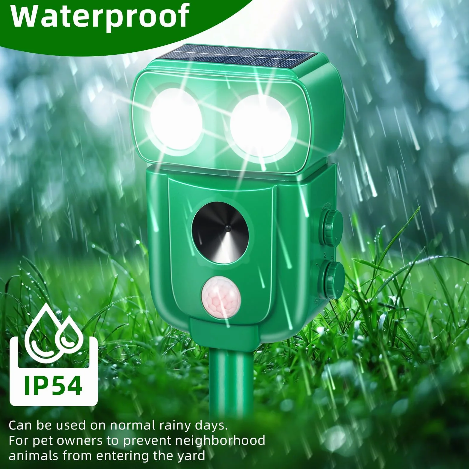 Répulsif pour chats à ultrasons solaire IP66 étanche fréquence réglable 5 modes