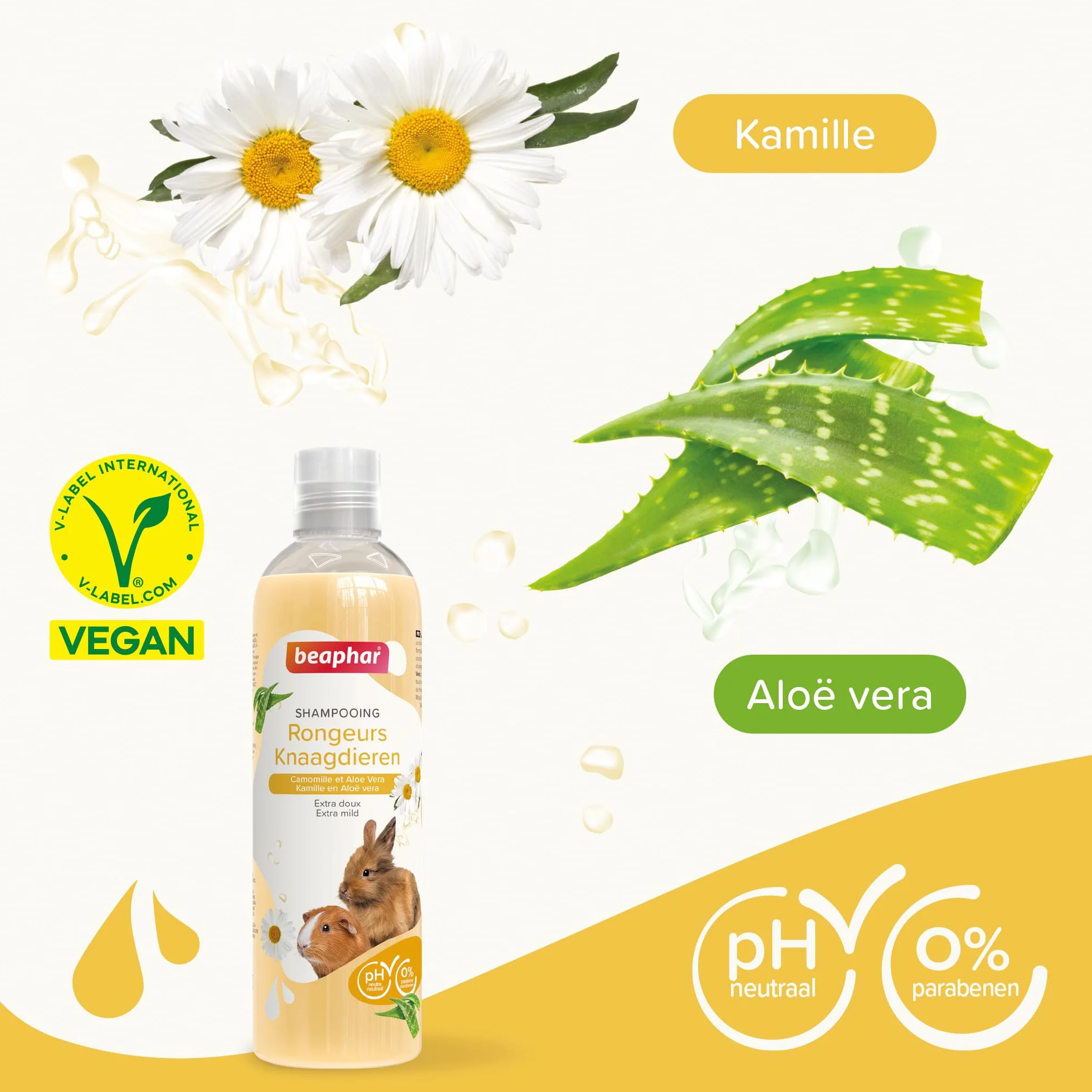 BEAPHAR Shampooing Essentiel Lapin Cochon d'Inde Petits Rongeurs Extra-Doux Camomille Aloe Vera pH Neutre 250 ML