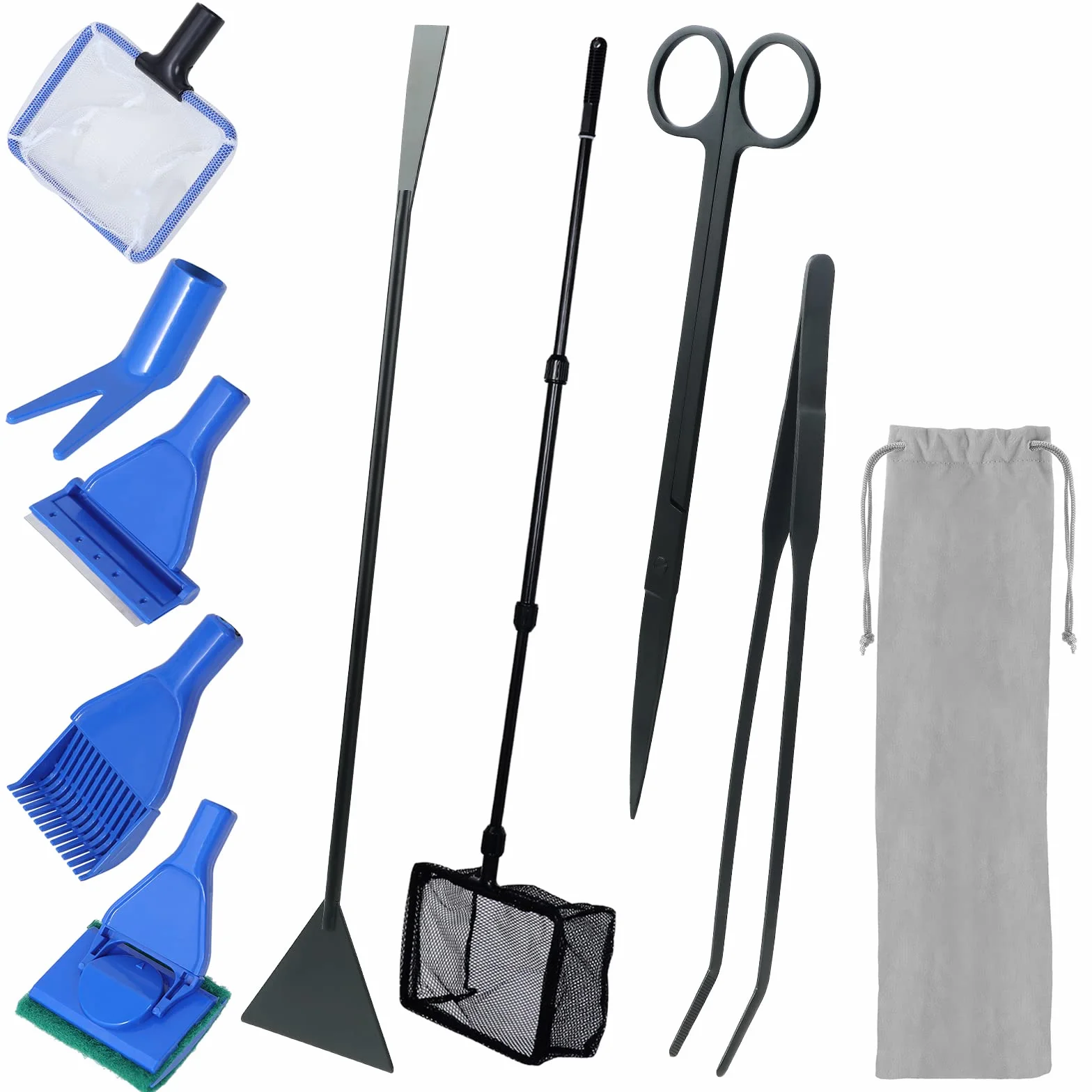 Kit d'outils de nettoyage pour aquarium 9 en 1, acier inoxydable, épuisette, râteau, fourche, grattoir