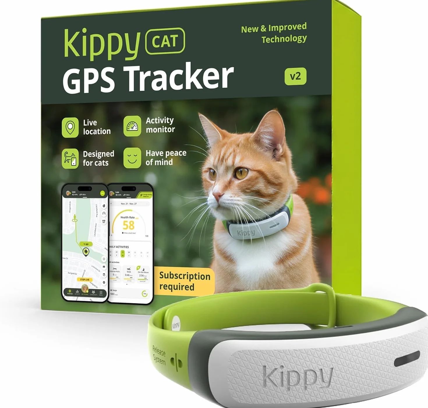 Kippy Cat V2 Collier GPS Chat Localisateur Tracker Santé Activité Anti-Étranglement Frontières Virtuelles Suivi Temps Réel
