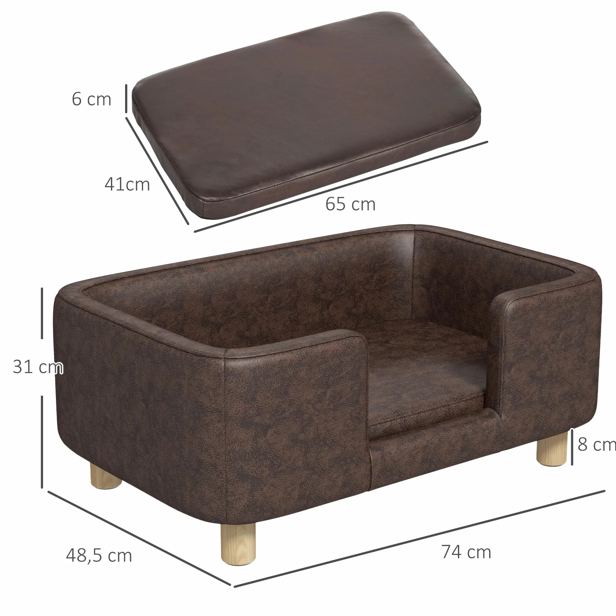 PawHut Canapé Chien lit pour Chien Chat Rebord Coussin Moelleux Pieds Bois Massif 74 x 48,5 x 31 cm Micro-Fibre Chocolat