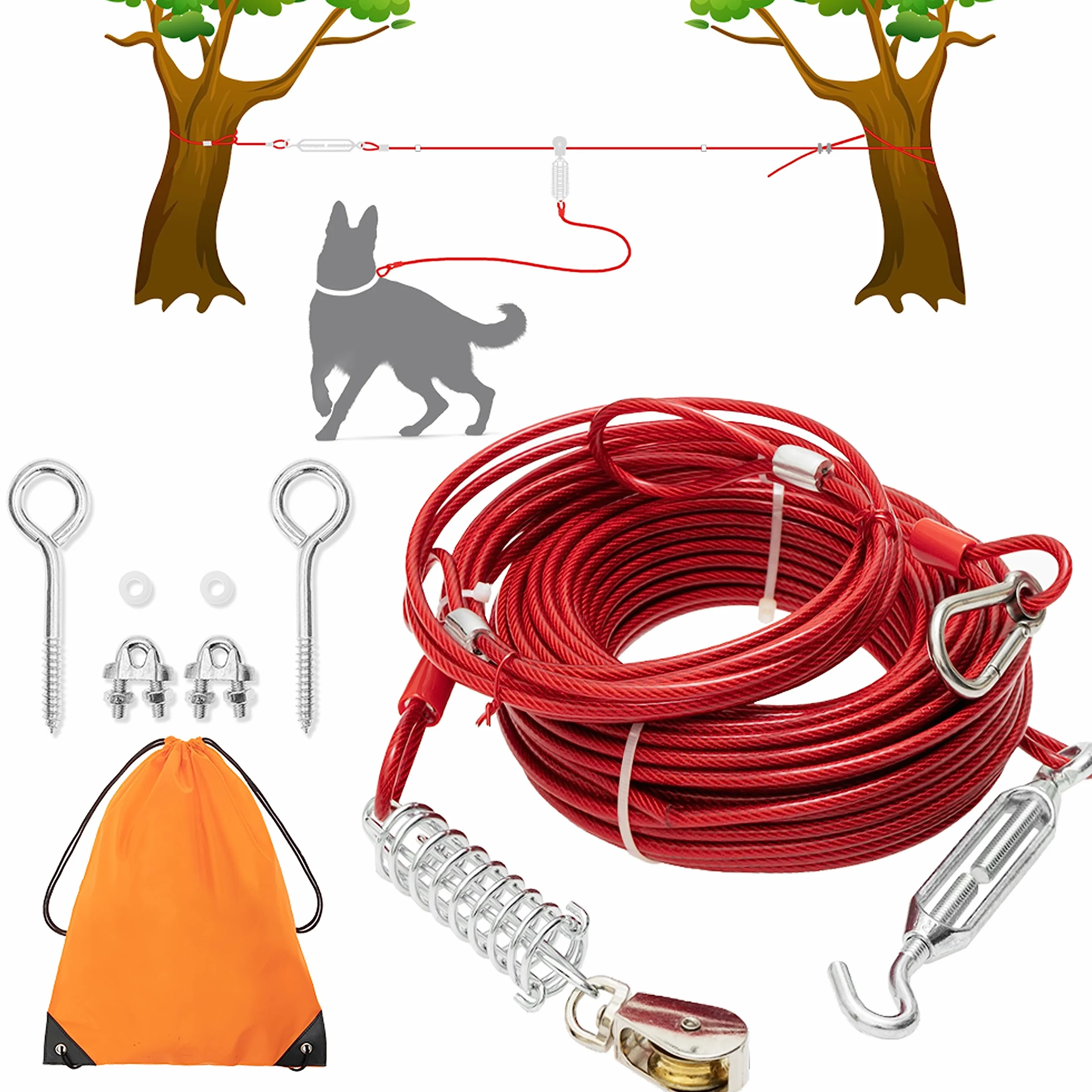 Câble d'attache pour chien 30,5 m long avec câble de course 3 m anti-mastication robuste extérieur