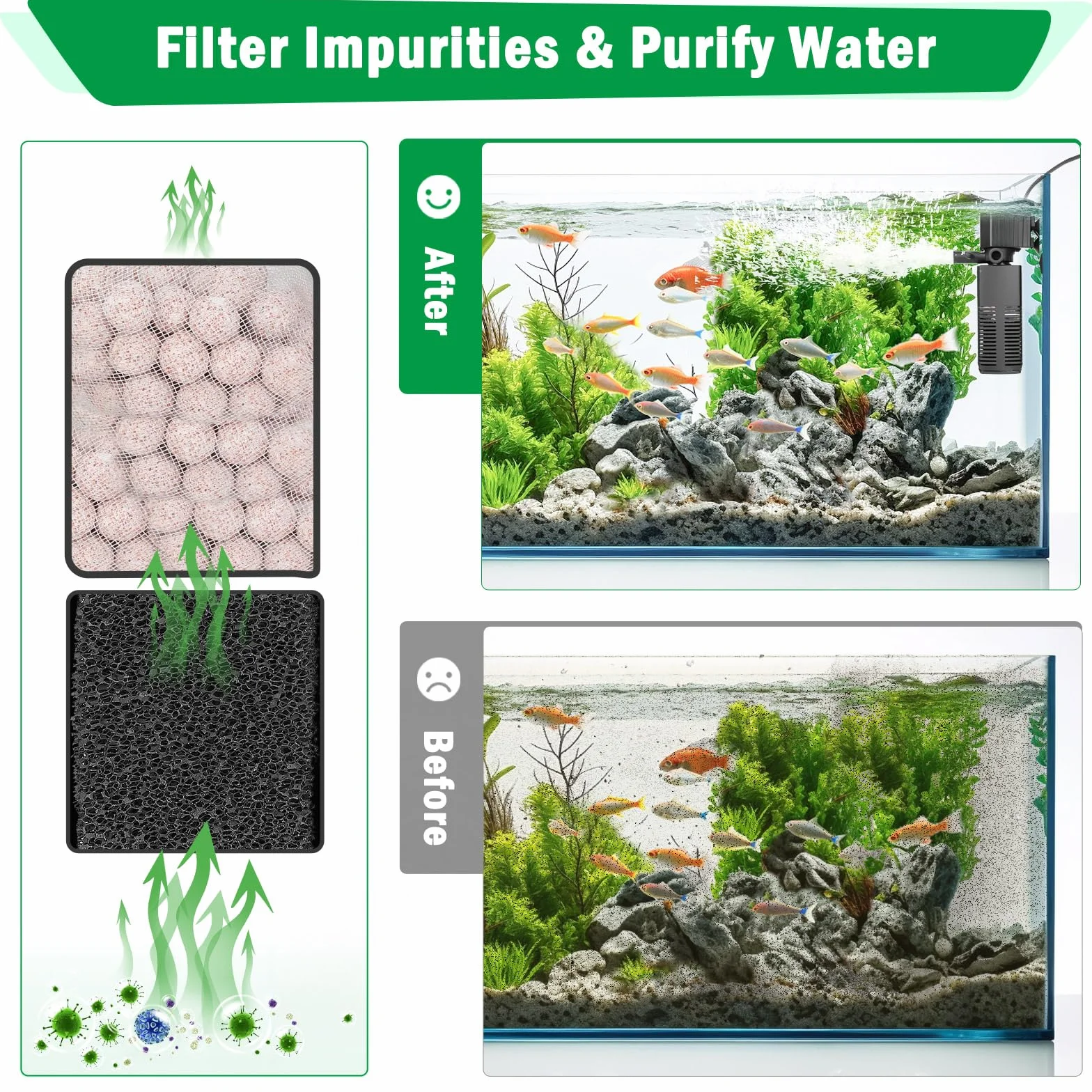 AQQA Filtre Aquarium 4 en 1 Pompe Silencieuse 450L/H Débit Réglable Filtre Intérieur pour Réservoir 120L
