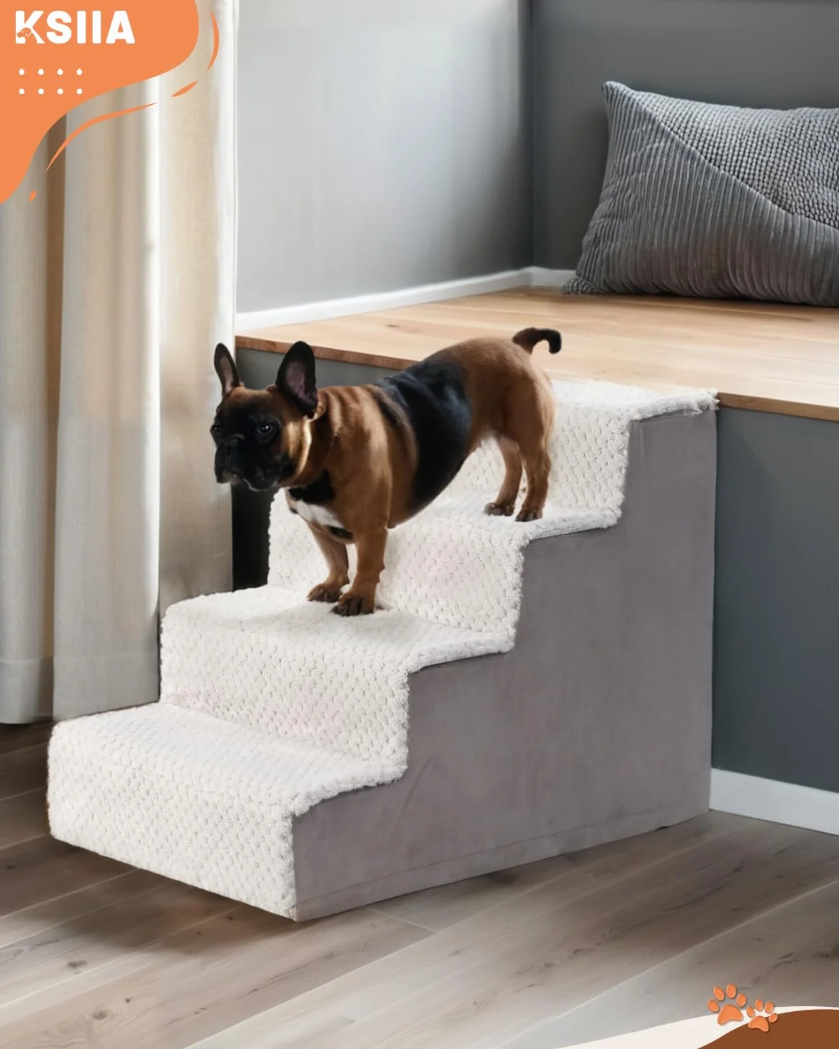 Escalier pour Chien 4 Marches Amovible Lavable Gris pour Chiens Pattes Courtes Âgés