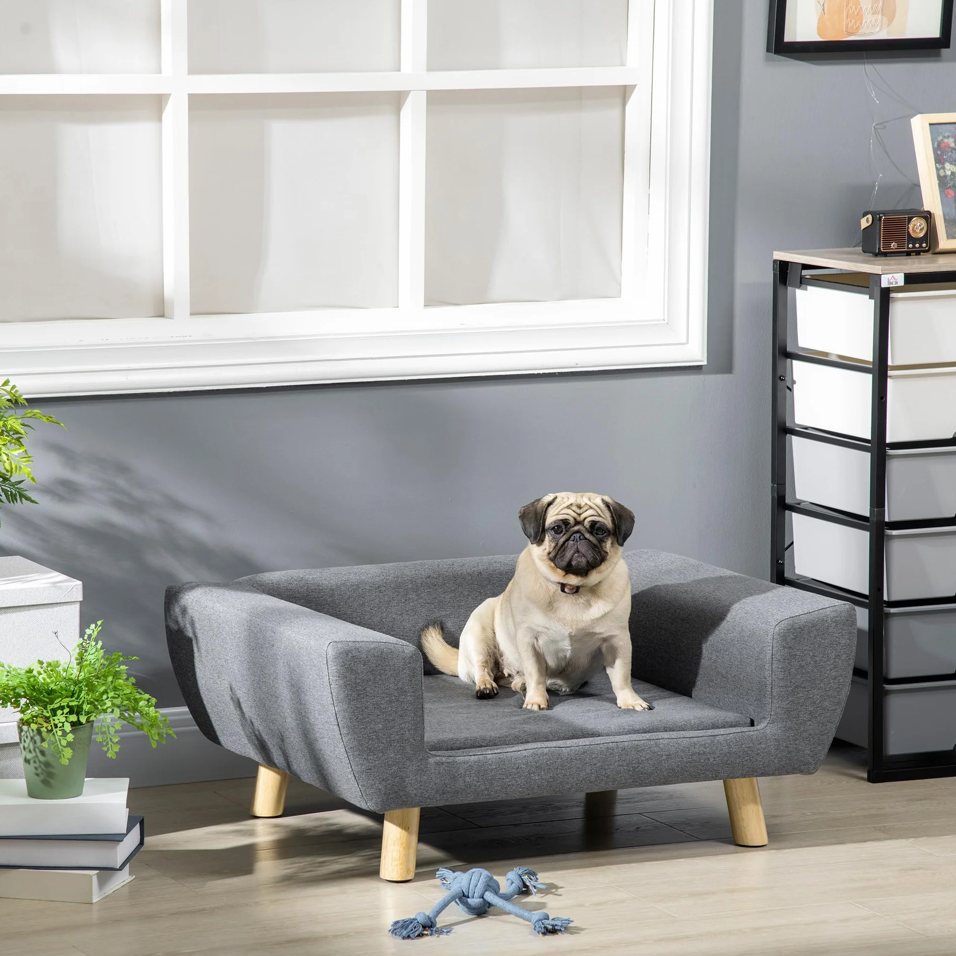 PawHut Canapé Chien Lit Scandinave Pieds Bois Massif 87x61x36 cm Polyester Gris