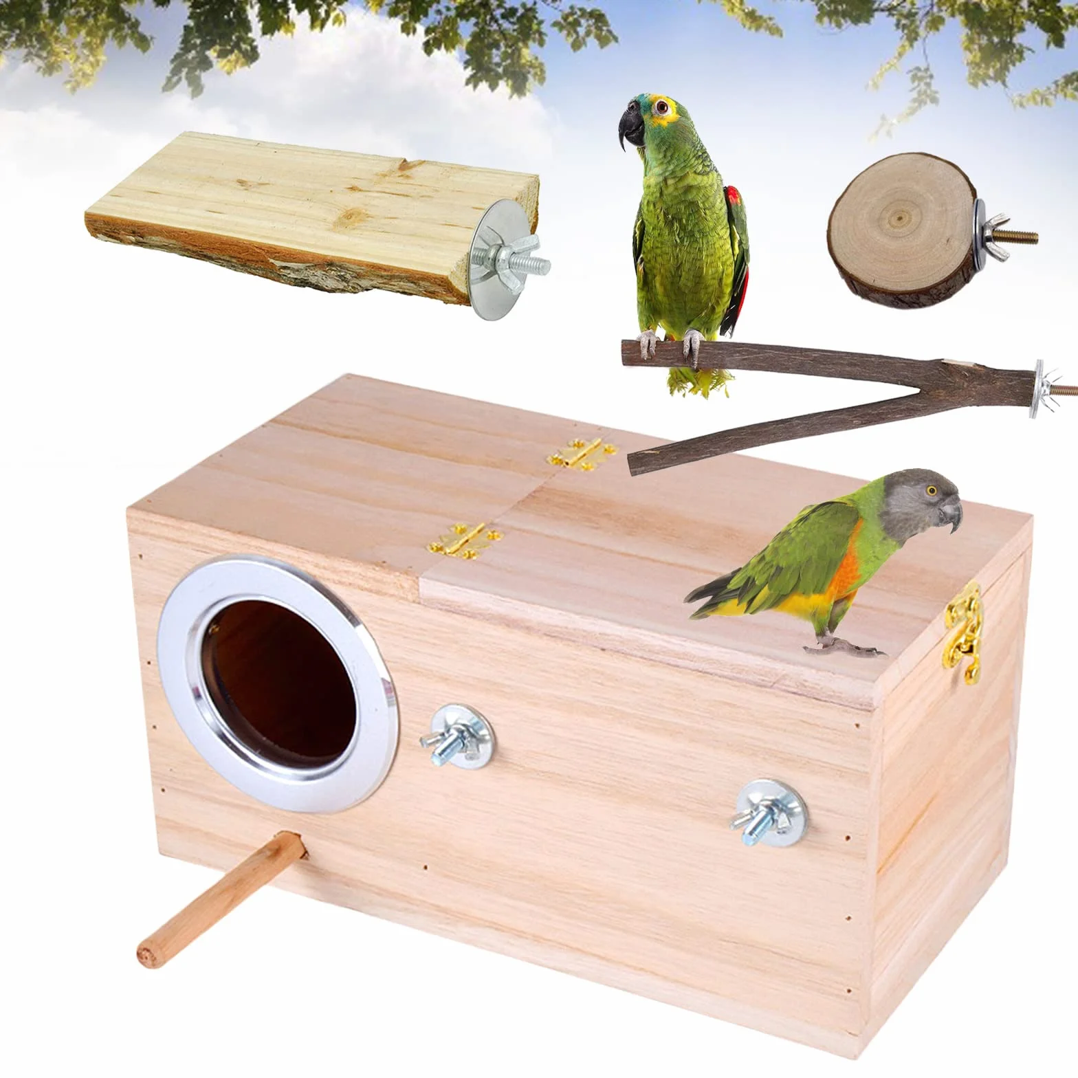 Nichoir à Perruches Extra Large Fabriqué à La Main Bois Naturel 3 Perchoirs Cage d'Élevage pour Calopsittes Perroquets Oiseaux Petite et Moyenne Taille