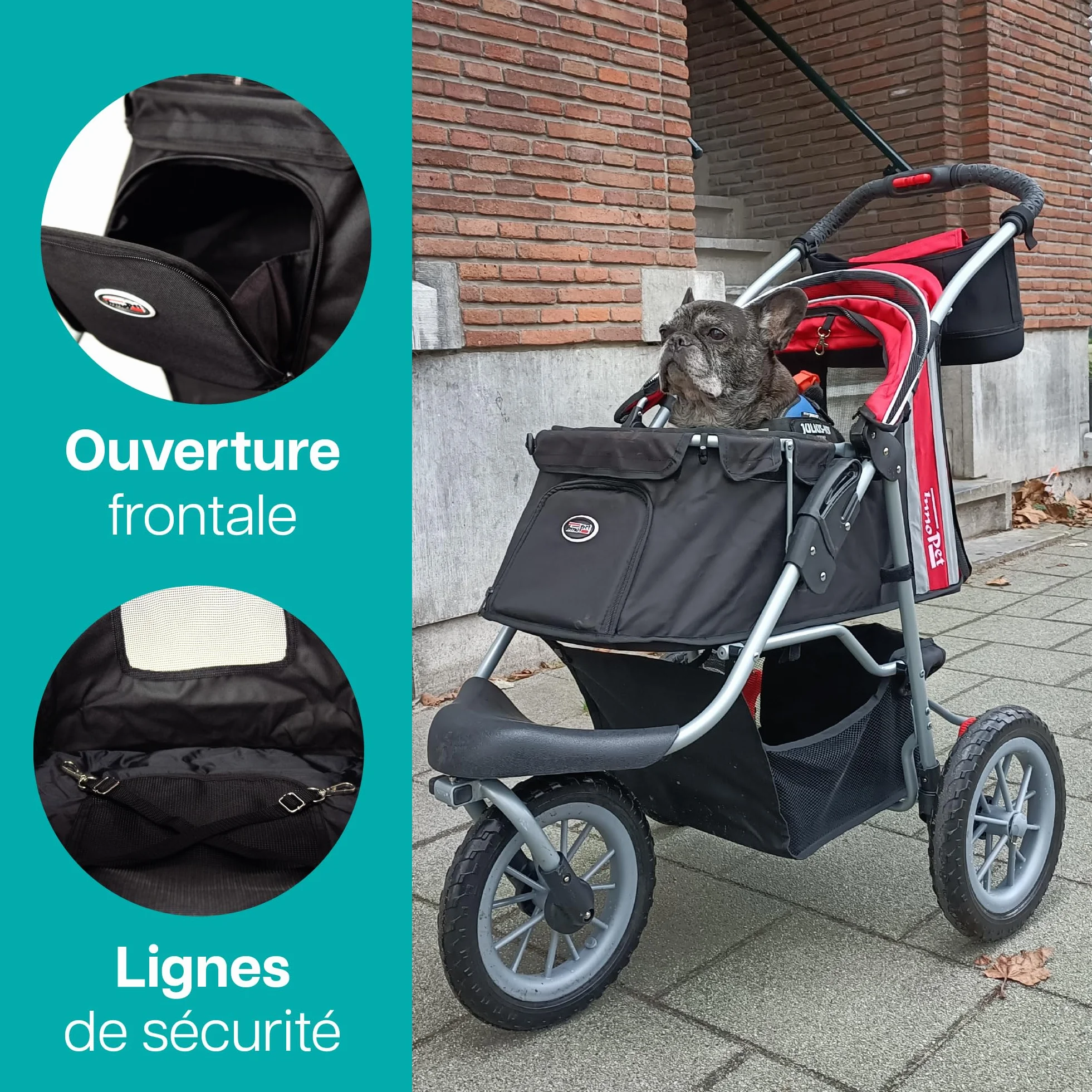 Poussette pour chiens et chats pliable Innopet Comfort Efa Eco Rouge/Noir 25 kg roues anti-crevaison 3 roues