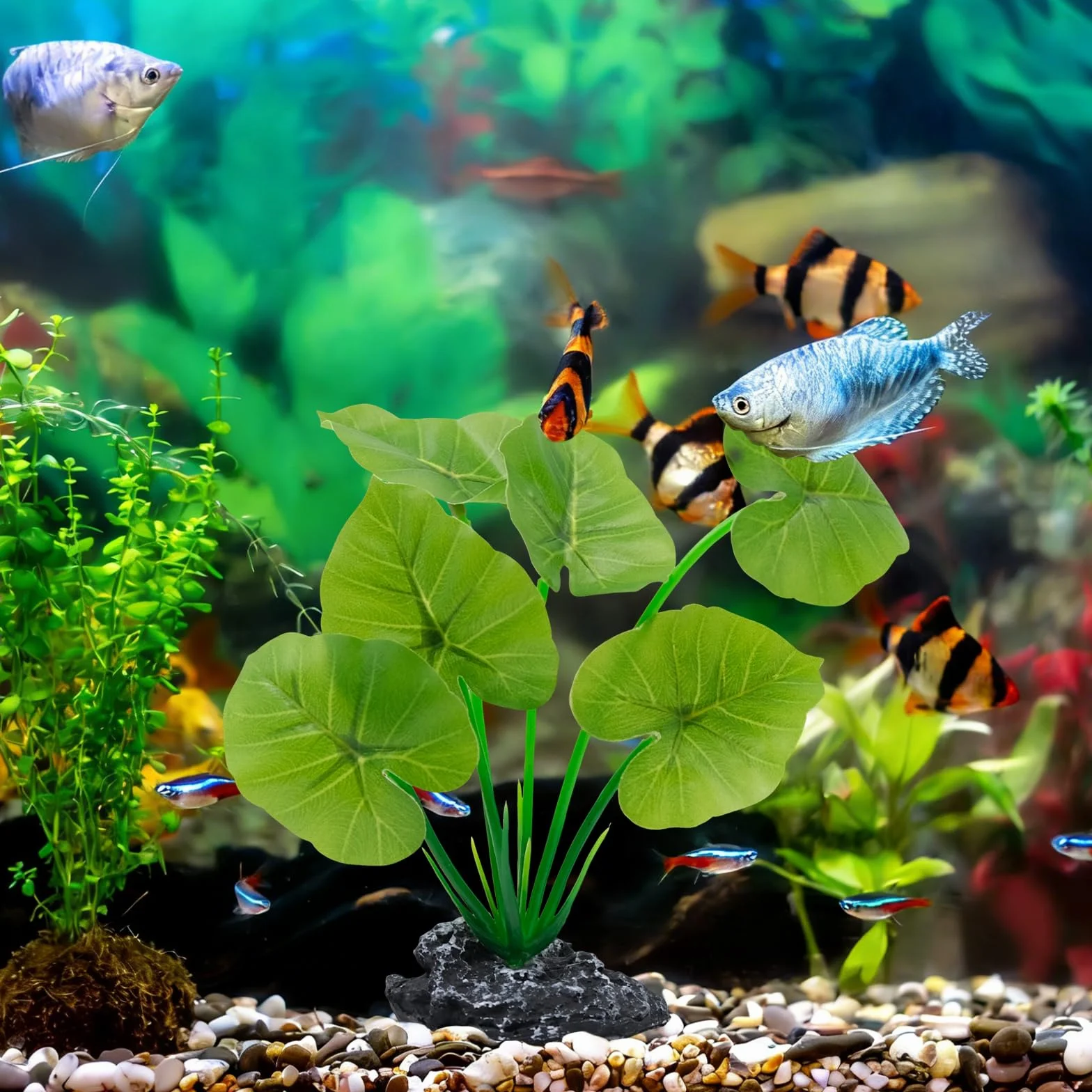 Plante artificielle aquarium terrarium bois flotté socle résine feuilles plastique cachette brise-vue