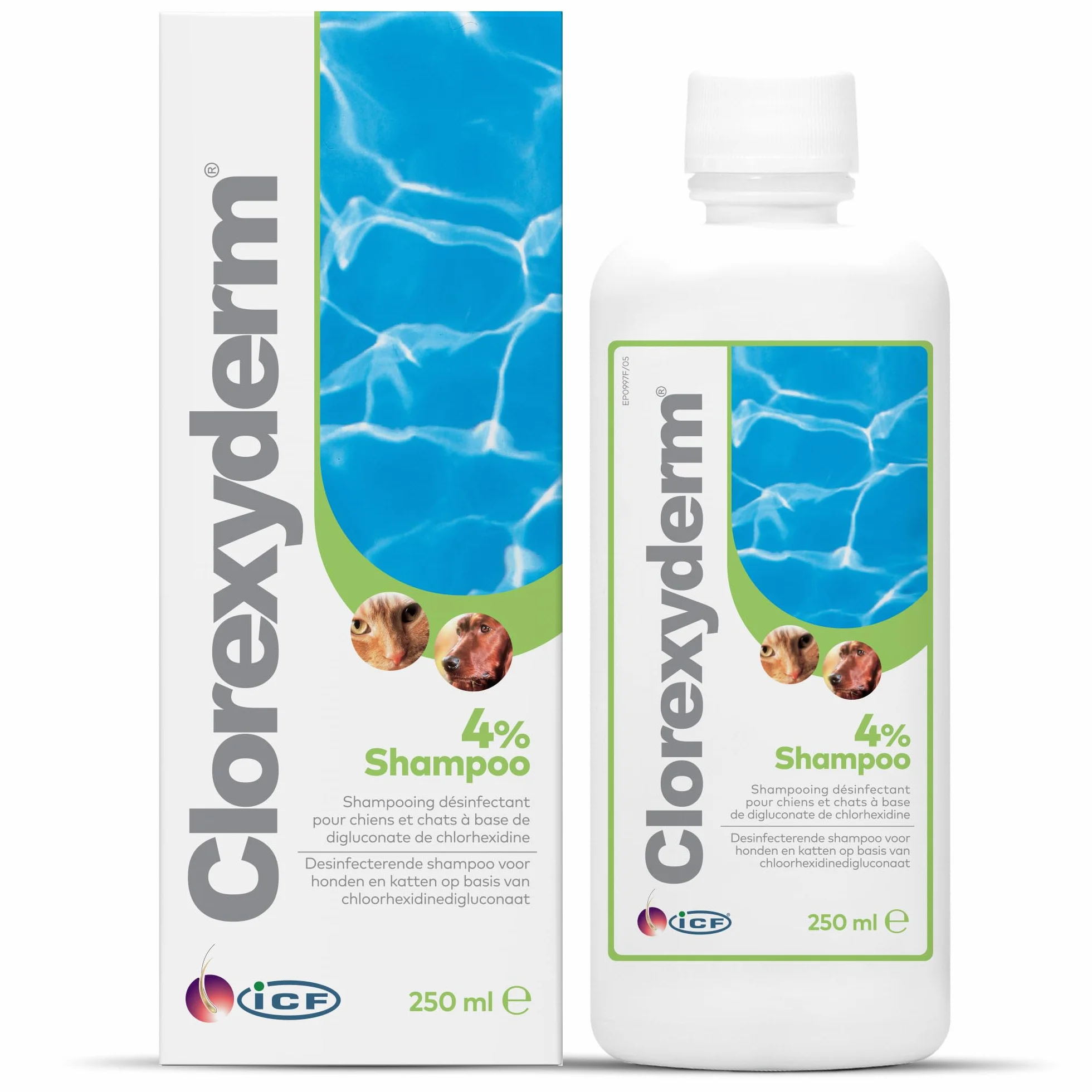 ICF | Clorexyderm 4% Shampoing Chien | Shampooing Chien Antiseptique, Hydratant et Anti Odeur pour Chien et Chat | Assainit, Hydrate et Protège la Peau | 250ml