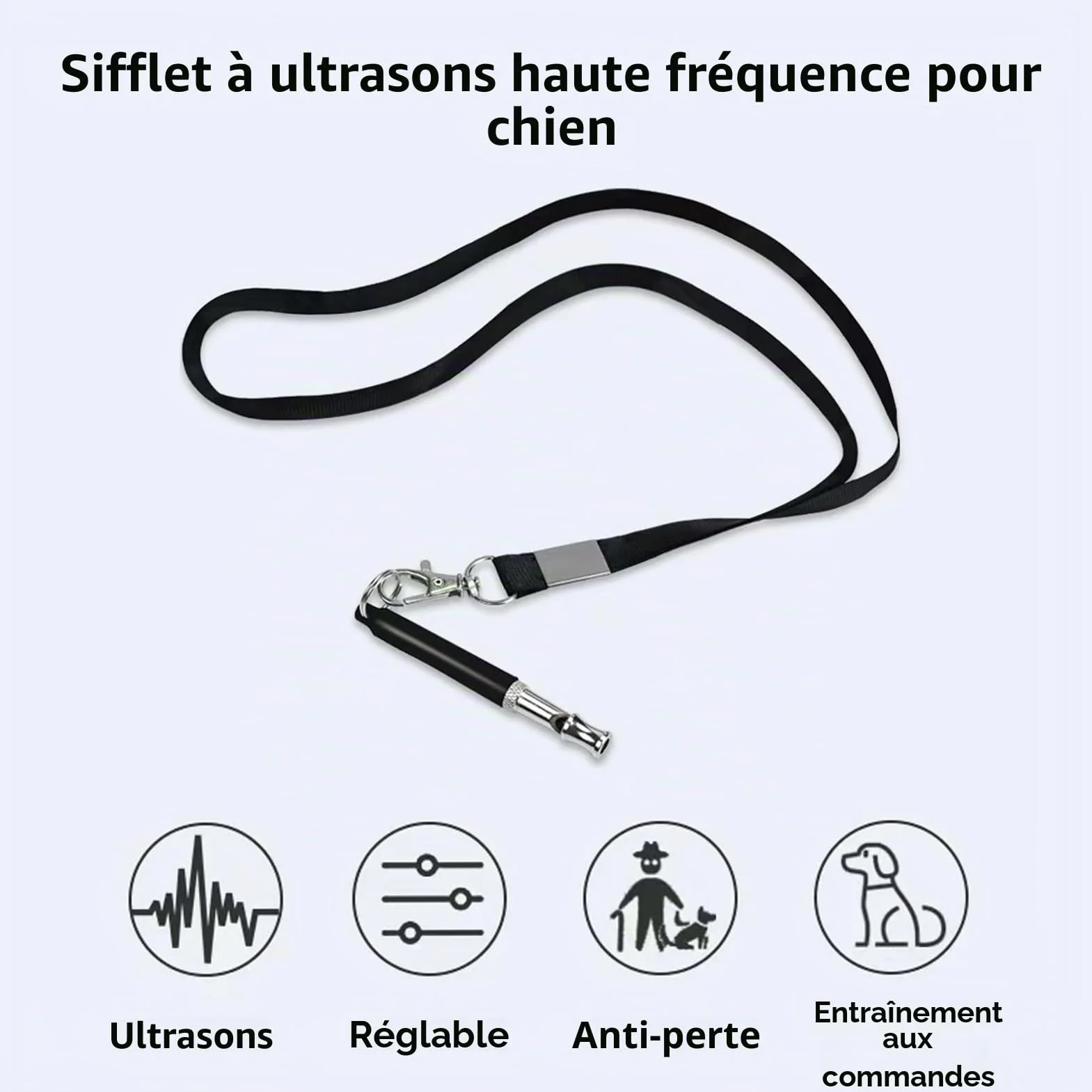 Sifflet pour chien à ultrasons haute fréquence silencieux, Fréquence réglable, Noir