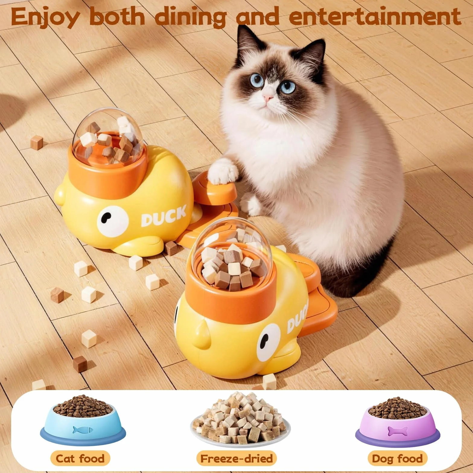 Distributeur Croquettes Chat Canard Jaune 2 en 1 avec 3 Couvercles Jouet Interactif Chien