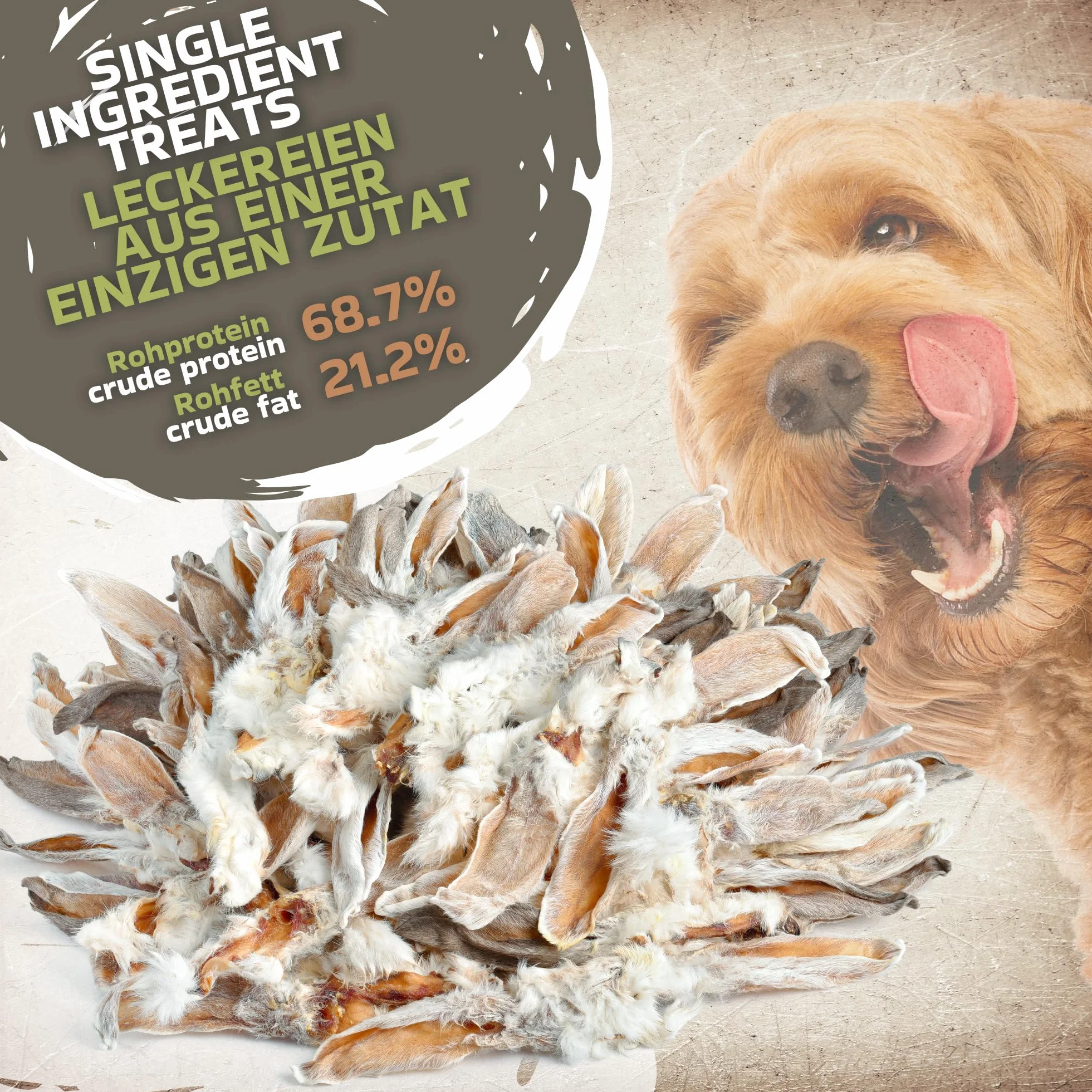 Oreilles de Lapin avec Fourrure 1kg (Environ 75–85 pièces) | Friandises à mâcher Naturelles | sans céréales | Séchées à l’air | pour Une Alimentation Naturelle