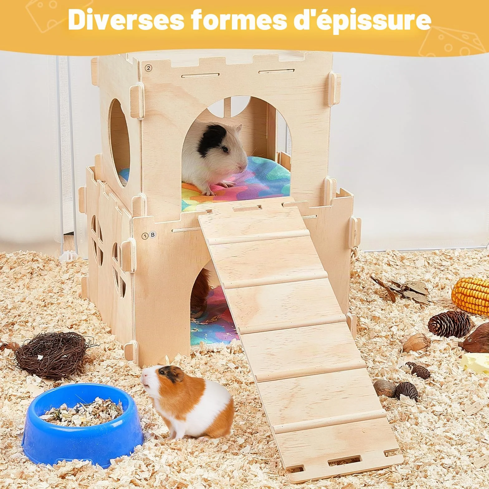 Cabane en Bois pour Cochons d’Inde, Maison Cachette pour Petits Animaux avec Rampe, Plusieurs Portes et Fenêtres, Accessoire pour Hamsters et Autres Petits Animaux