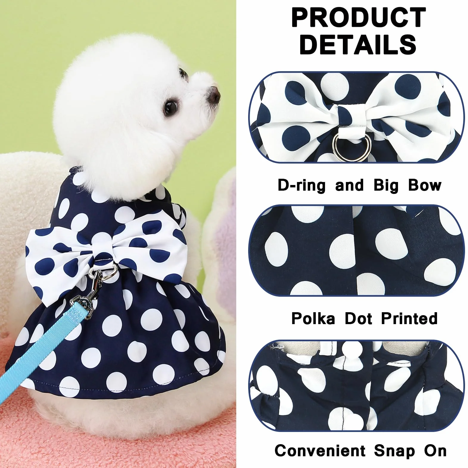 Robe harnais à pois pour petit chien et fille avec anneau en D et nœud – Vêtement respirant pour chihuahua, yorkshire, chat