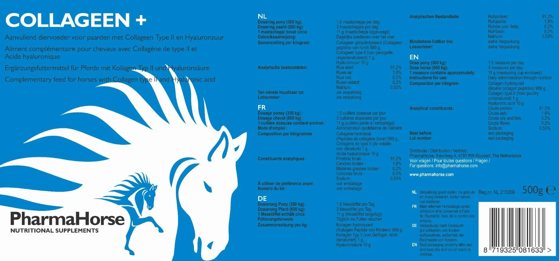 PharmaHorse Collagène+ 500g Souplesse Articulations Cheval Glucosamine Pur sans Sucre