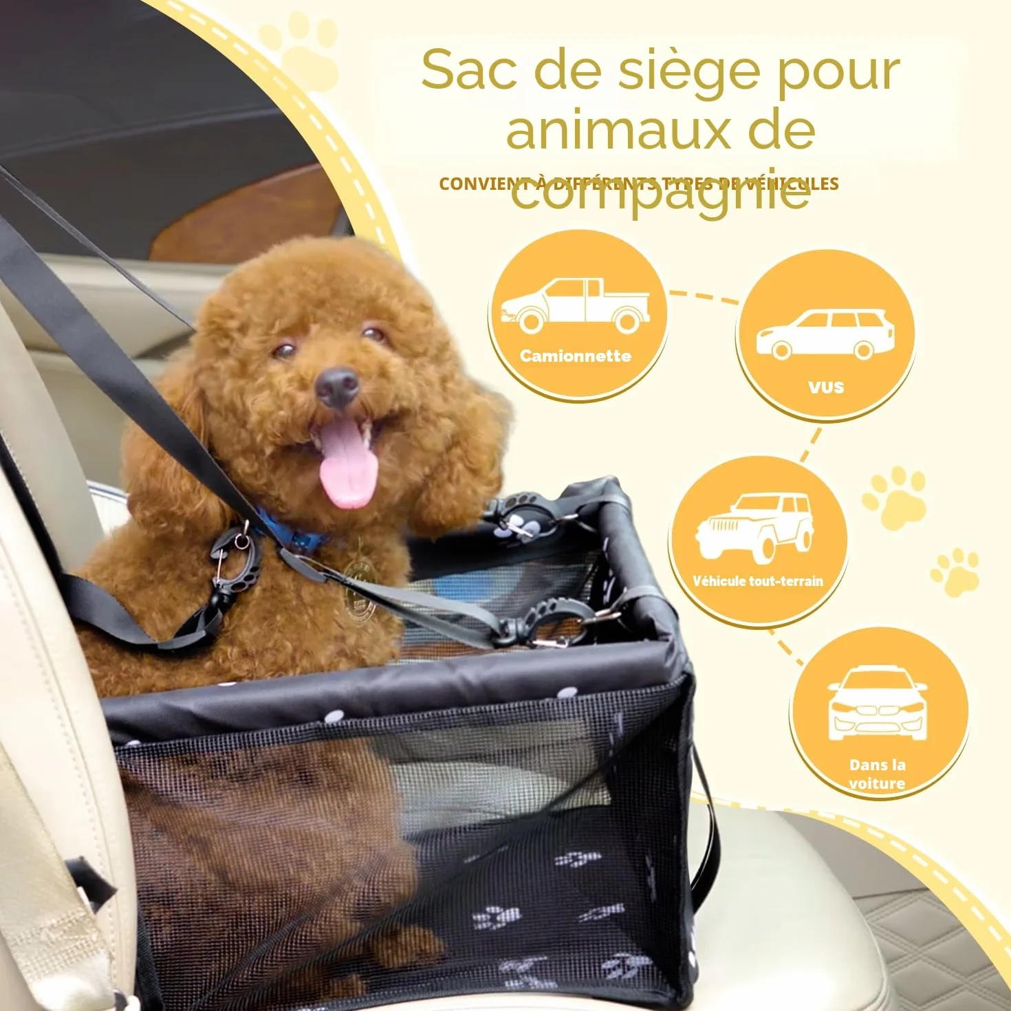 Panier Chien Voiture Pliable Siège Auto Chien Fixation Crochets Réglables Respirant Lavable 10 kg