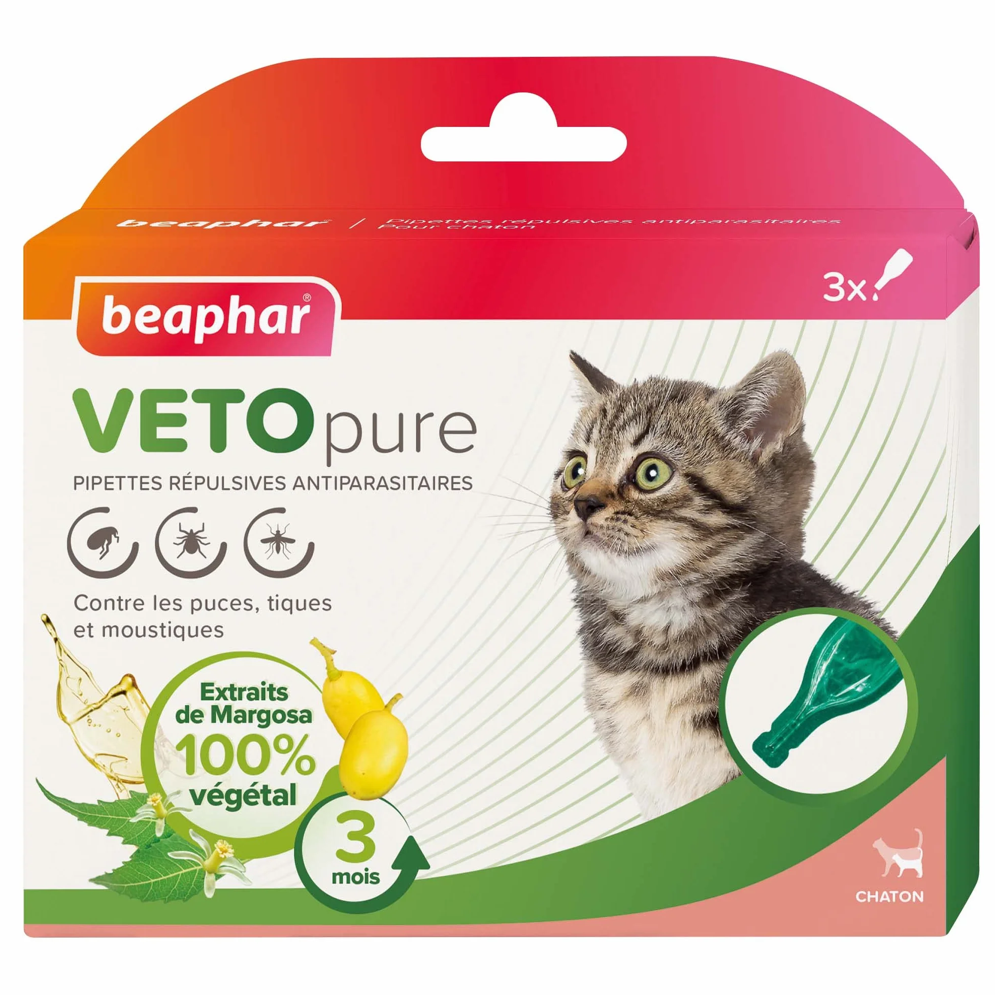 Beaphar VETOPURE Pipettes répulsives antiparasitaires pour Chaton Extraits de Margosa Protection 3 Mois 3 pipettes