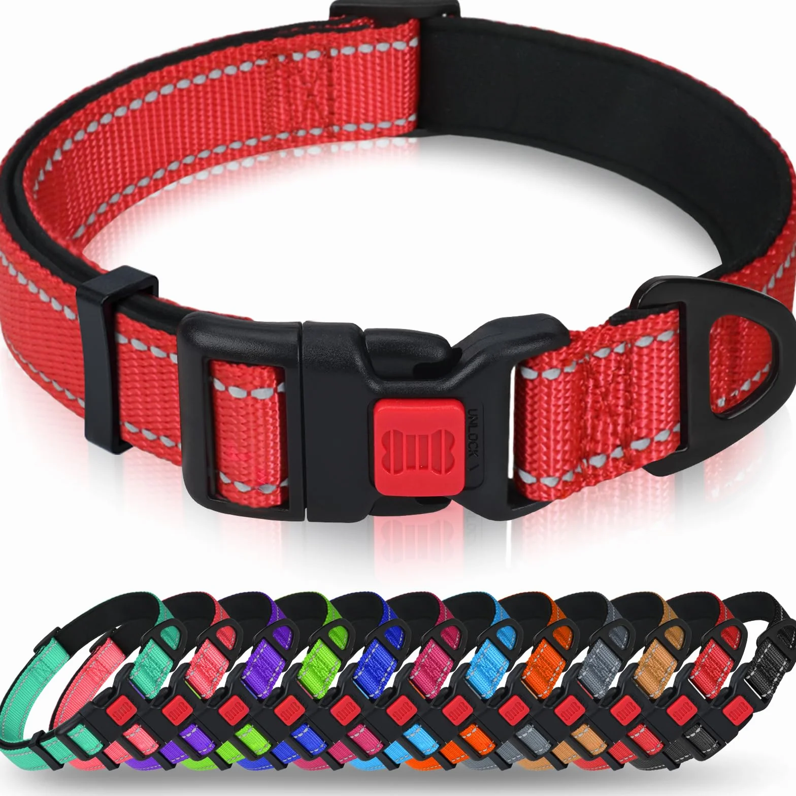 Collier pour Chien Réfléchissant Réglable Taglory, Verrou Sécurité Anti-Fugue, Nylon Résistant, Maille Respirante Rembourrée, Petit Chien, Visibilité Nuit, S, Rouge