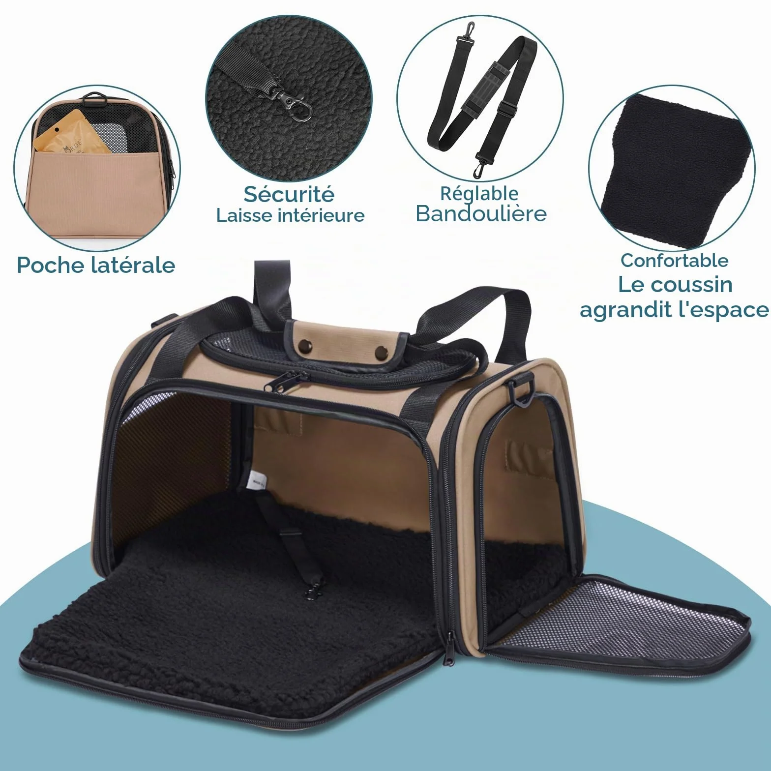 Petsfit Sac de Transport pour Chat et Petit Chien Léger avec Matelas Extensible et Sangle de Sécurité Pliable Aéré Kaki