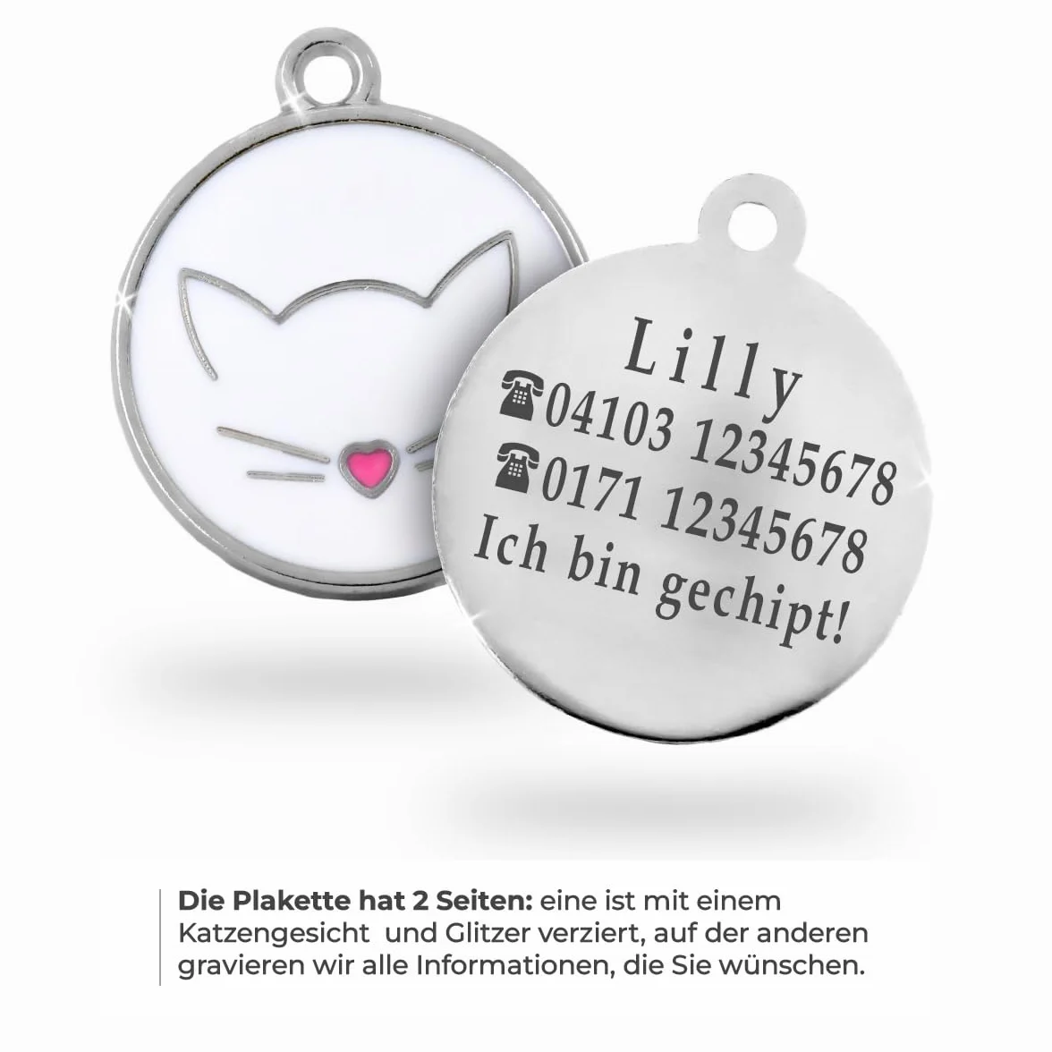 Médaille Chat Personnalisée Avec Gravure Pour Tous Les Âges - En Forme de Tête de Chat (Blanc)
