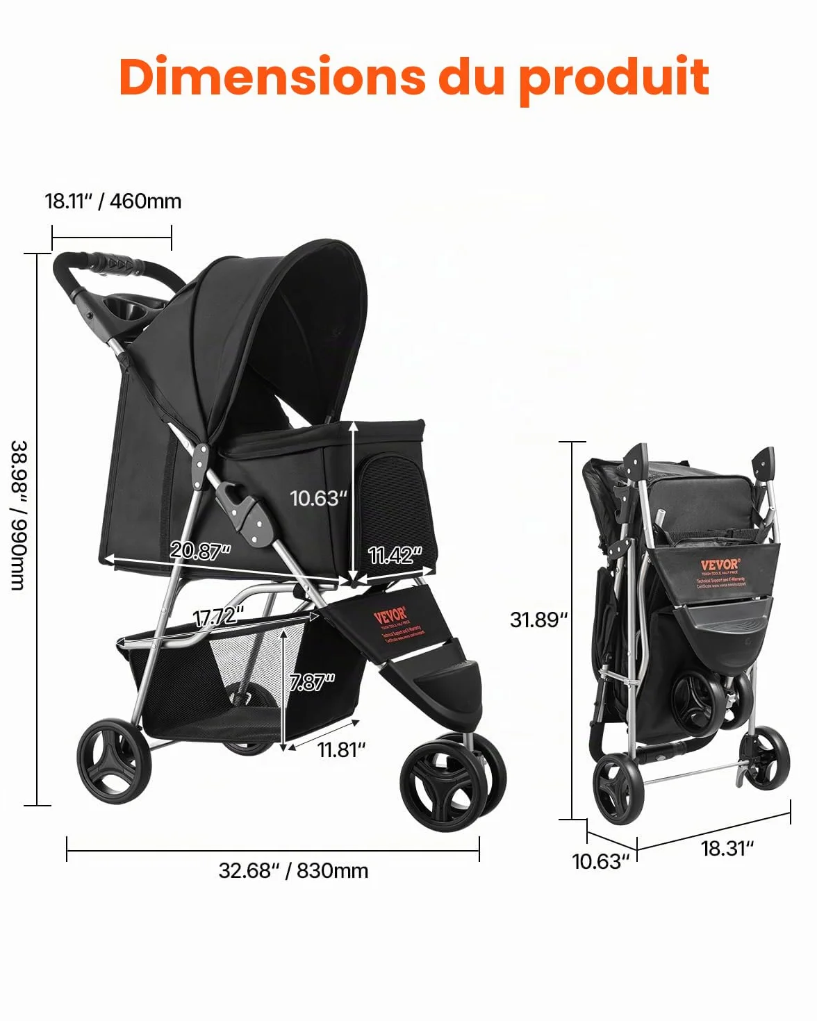 VEVOR Poussette pour Chien Animaux de Compagnie Pliable, Capacité 16 kg, 3 Roues Freins Arrière, Fenêtres Maille, Porte-gobelets