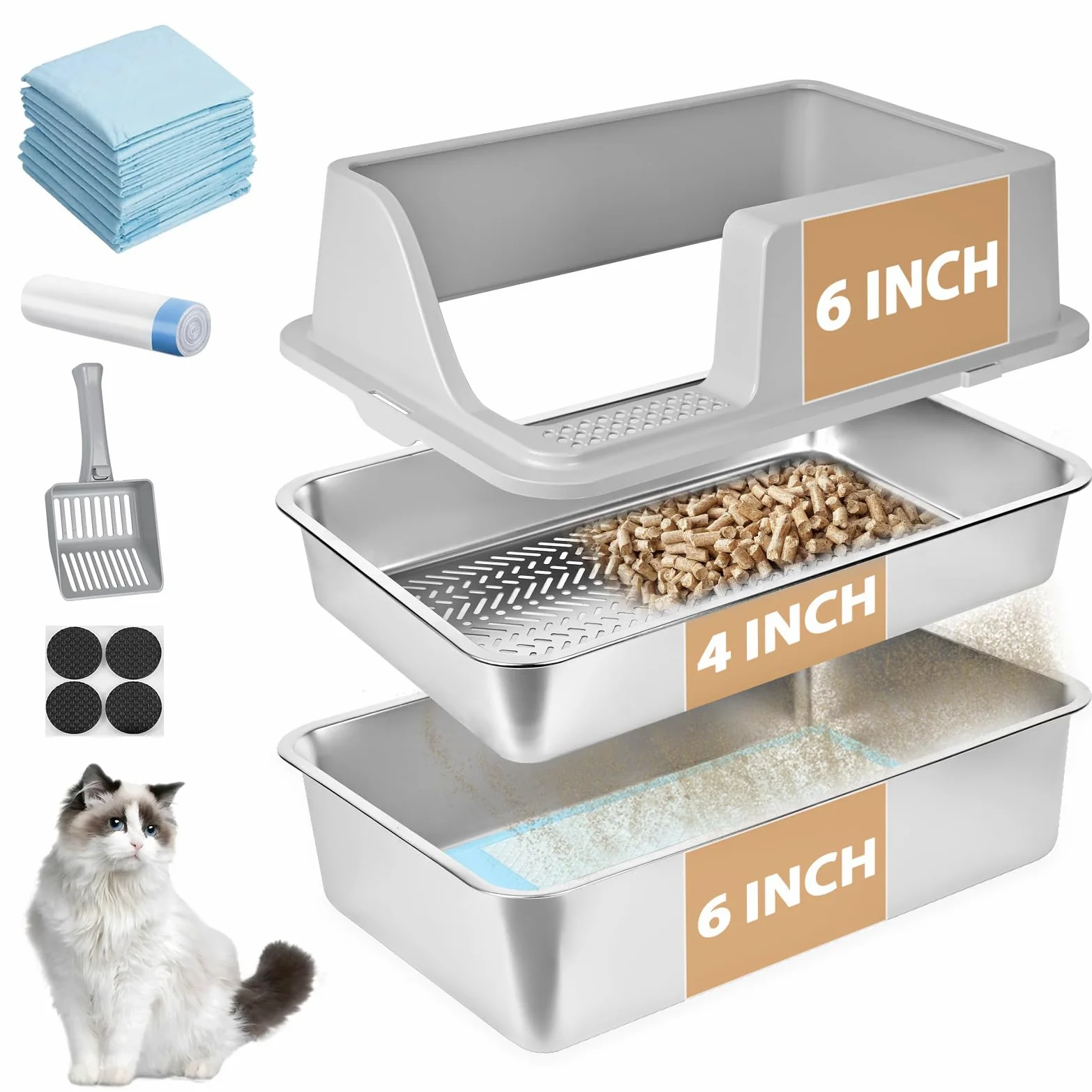 Homegroove Litière pour chat en acier inoxydable pour granulés de pin - 60 x 40 x 15 cm - Bord haut - Litière en métal avec couvercle - Pelle en plastique et 10 tampons d'urine (15,2 cm)