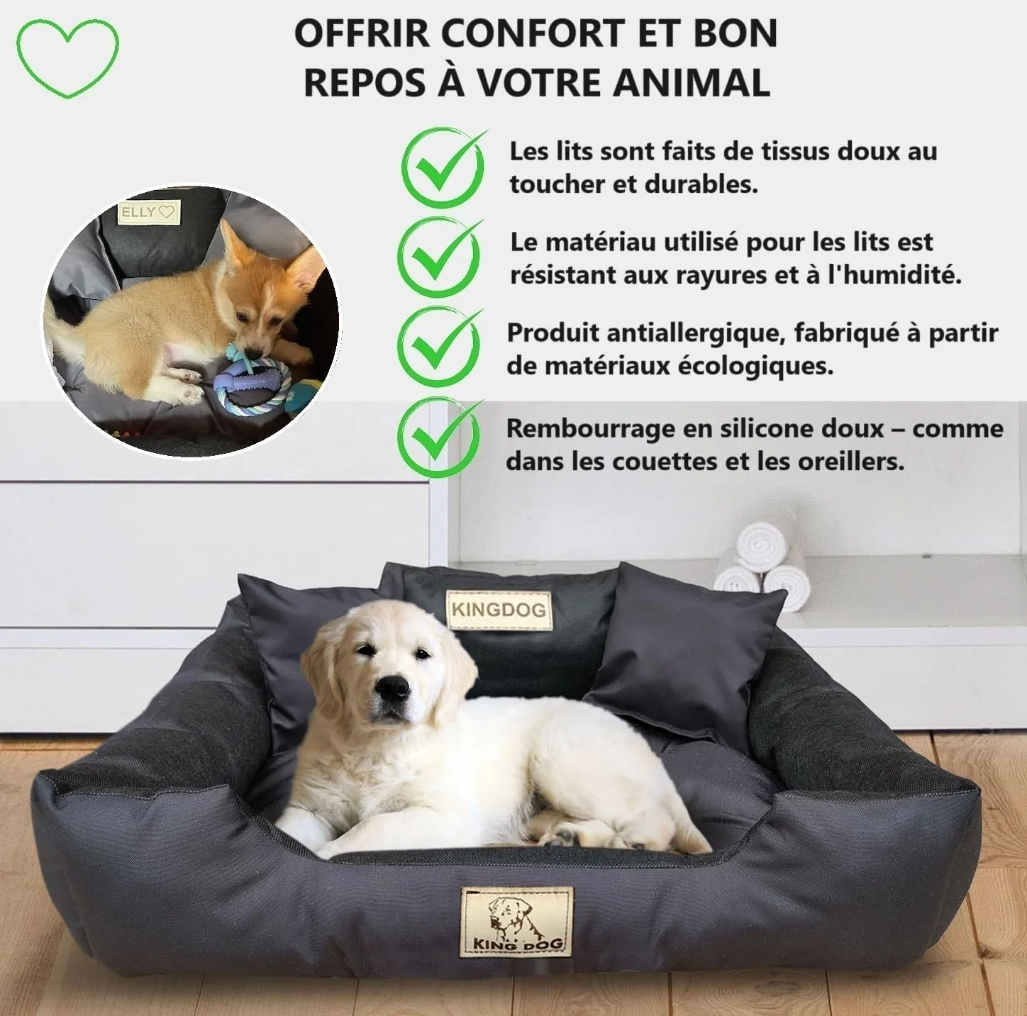 KING DOG Lit pour Grands Chiens 100x75 Noir Coussin Imperméable Canapé Adapté au Lavage