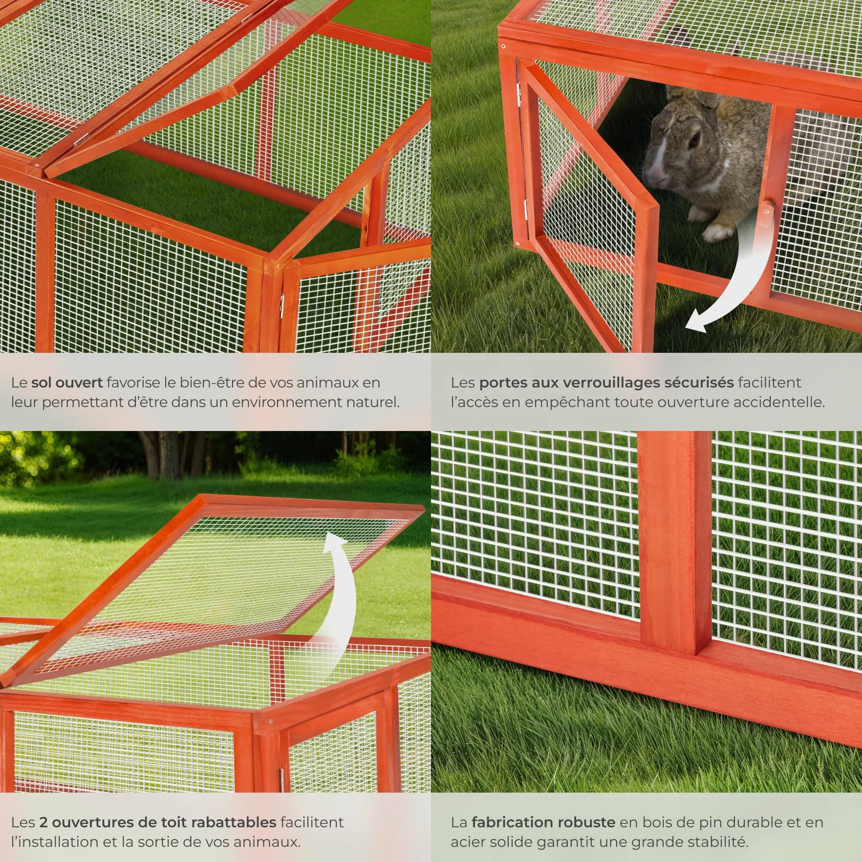 Tectake Clapier Lapin Exterieur 181x90x48 cm Bois imperméable Cage Rongeurs avec Parc XXL 2 Portes Toit ouvrant