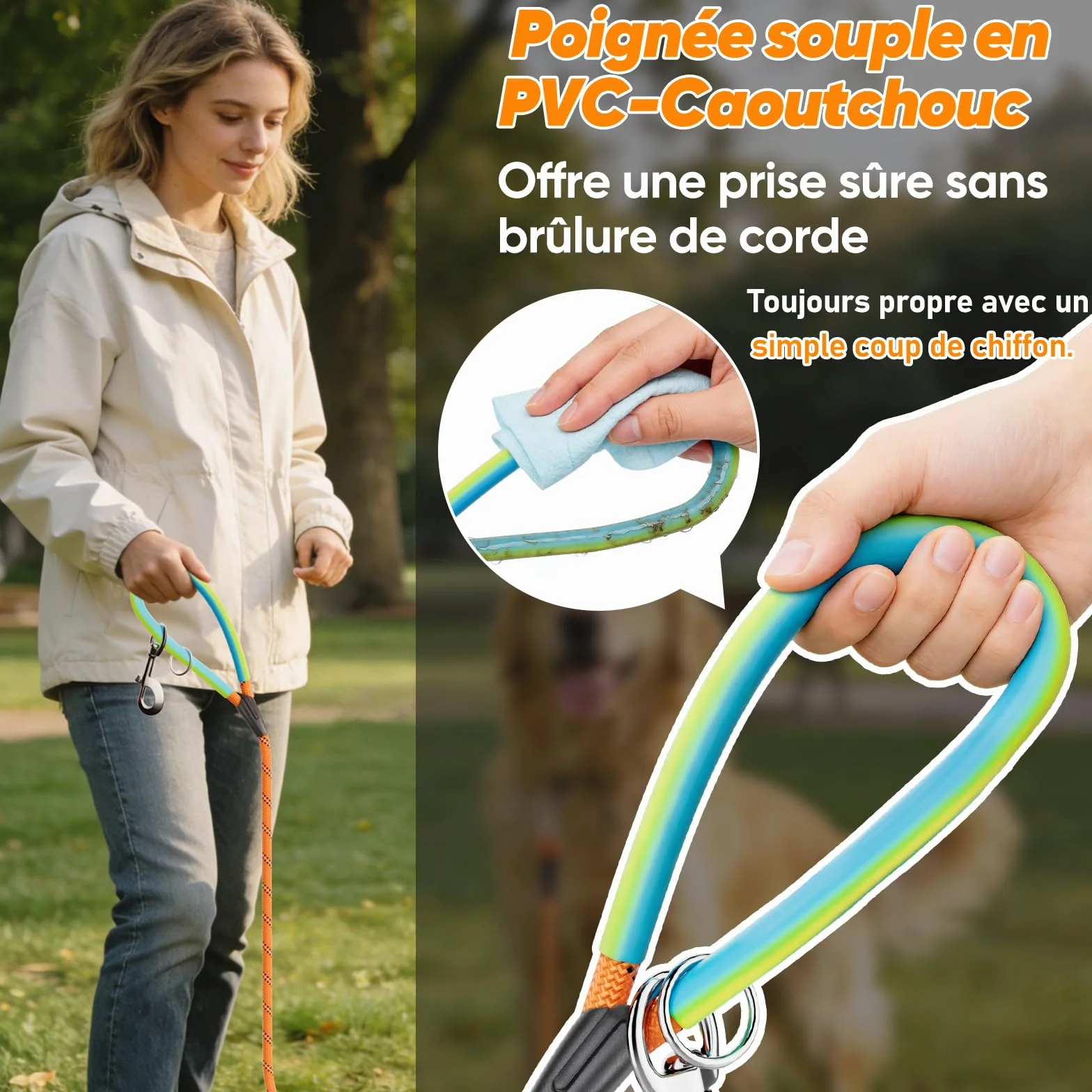 Laisse pour Chien Longue 5M 10M 15M 20M 30M avec Crochets Pivotants, Corde d'attache pour Petits Moyens Grands Chiens (Orange, 5M)