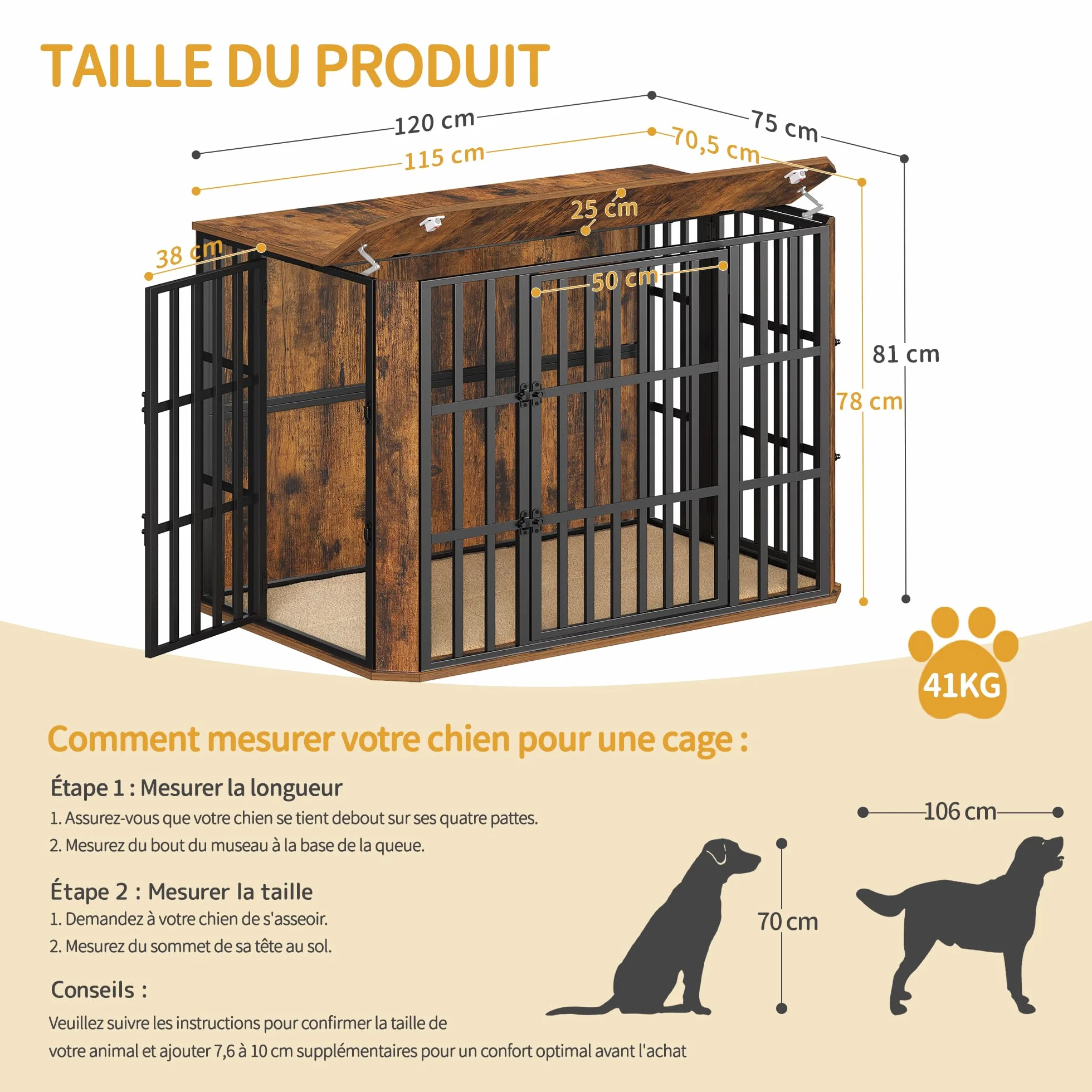 Cage pour Chien en Bois Hzuaneri, 120 x 75 x 81 cm, Marron Rustique, Multi-Portes