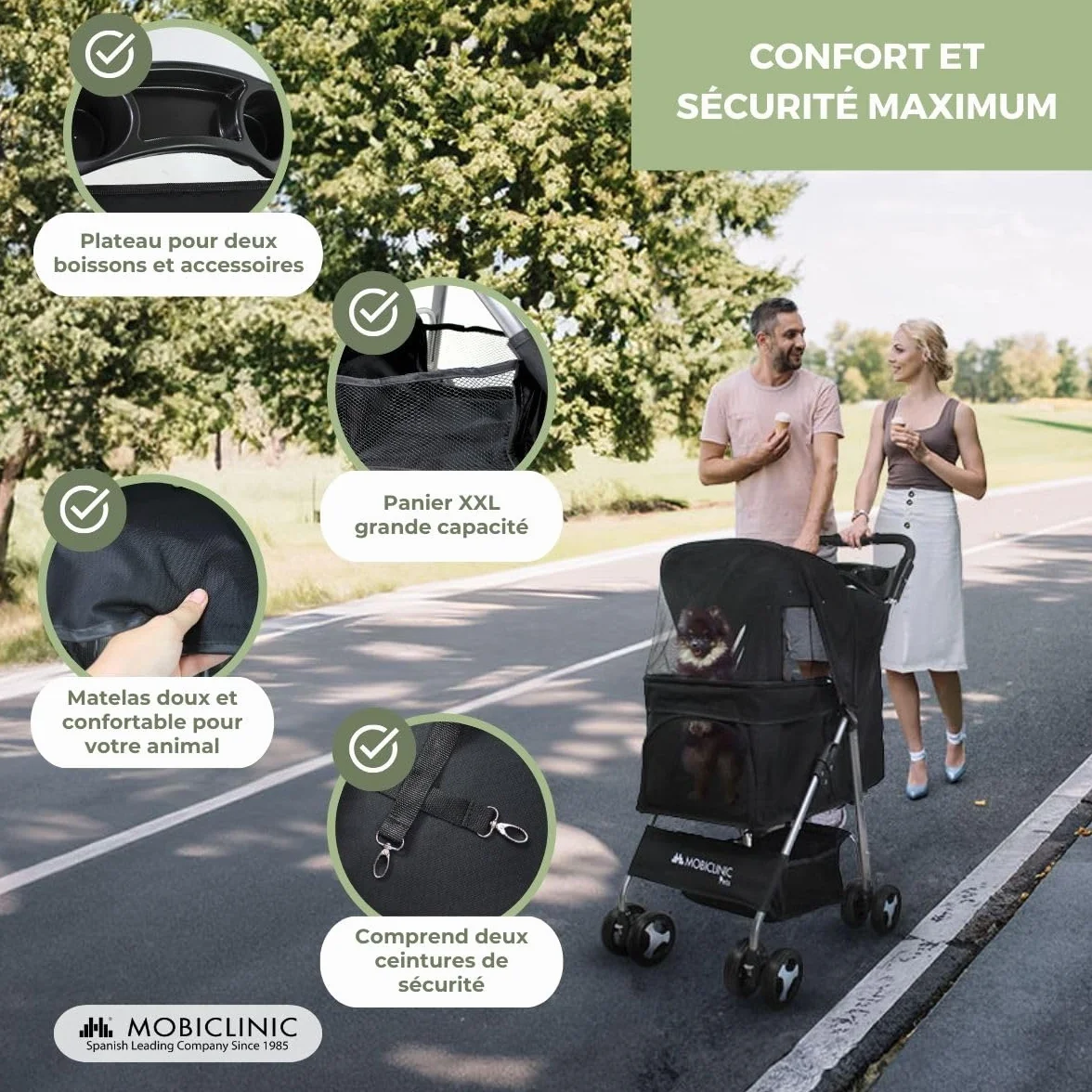 Mobiclinic Poussette Buggy Pliable Chien Zuma Jusqu'à 15 kg Roues Freins 360° Panier XXL Noir