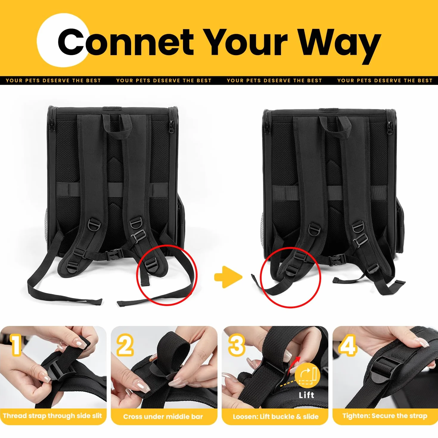 Conlun Sac à Dos Transport Chat Chien jusqu'à 7kg Pliable Fenêtres Maille 3 côtés Voyages Randonnées Noir